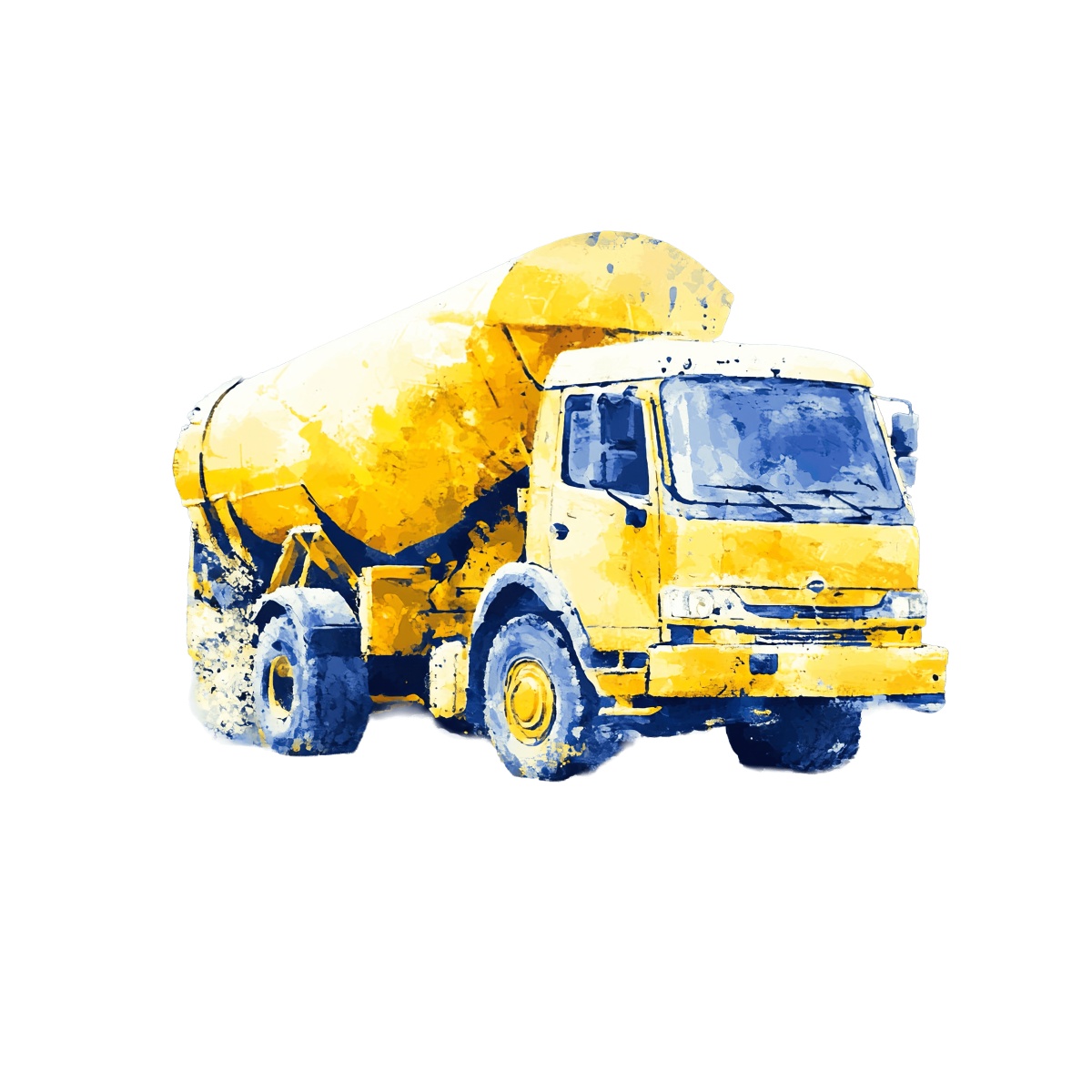 Yellow cement mixer truck with blue accents in watercolor style.