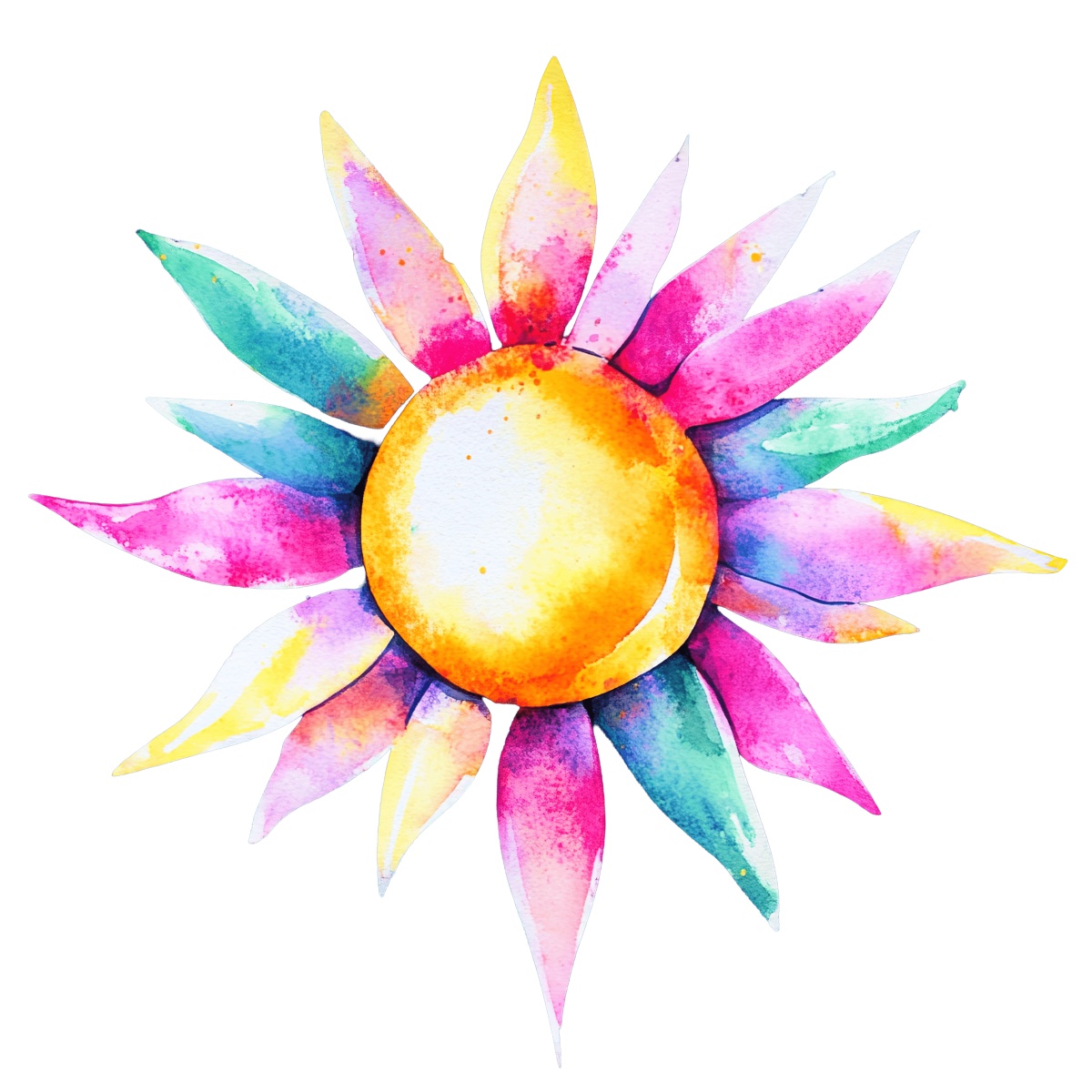 Vibrant watercolor sunburst with colorful petals on a black background.