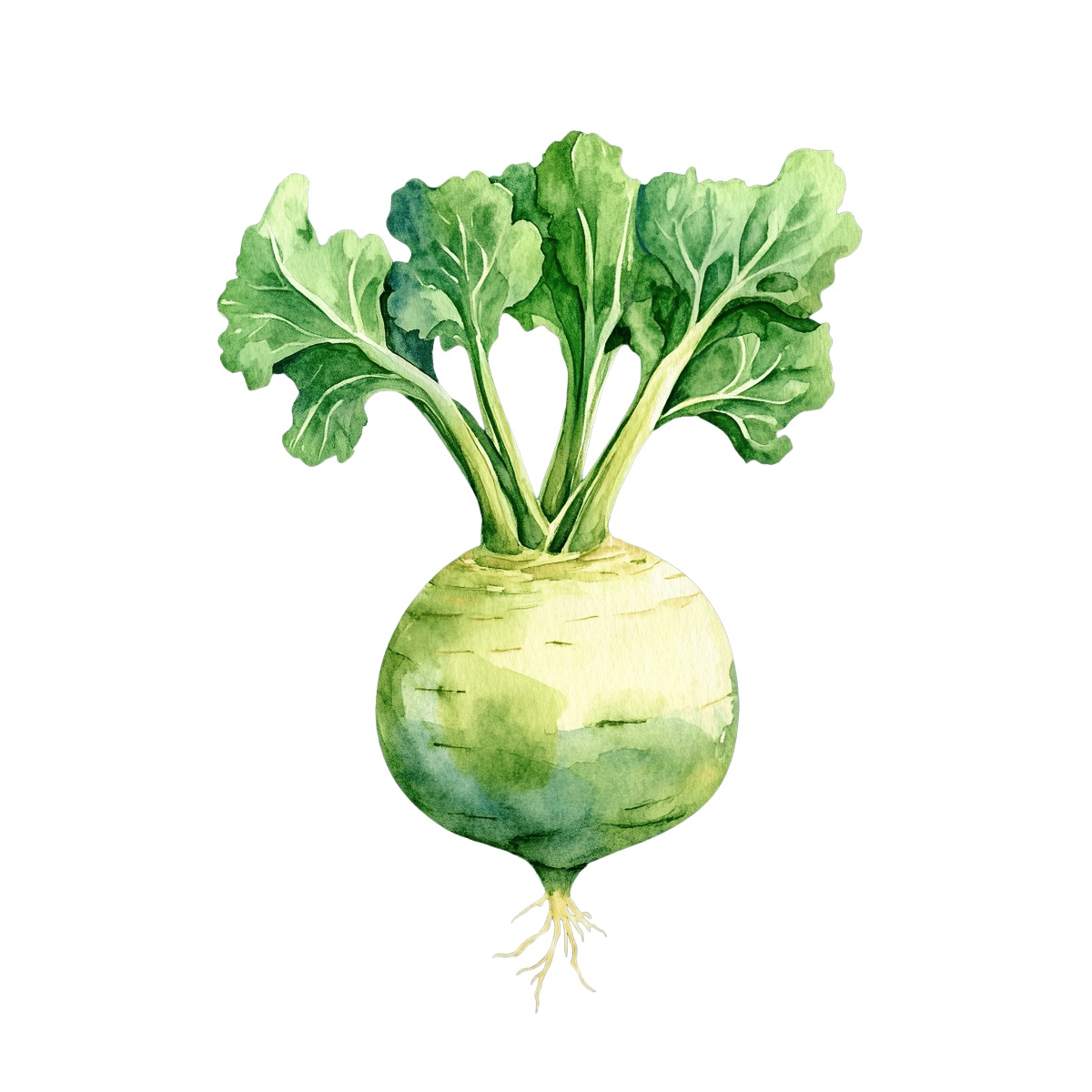 Watercolor turnip with green leaves on a black background.