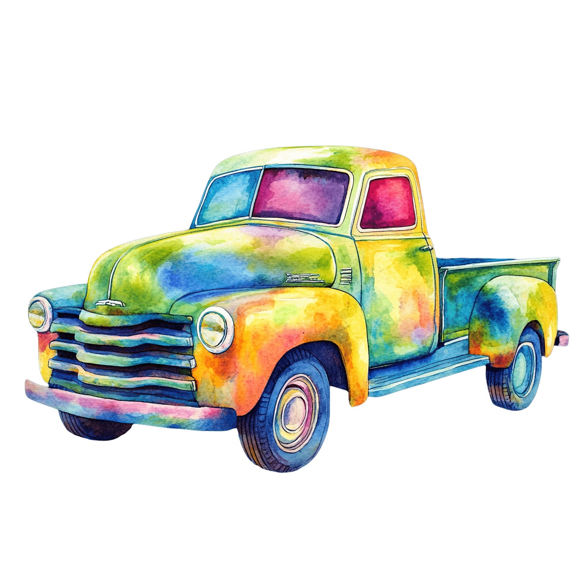 Colorful watercolor vintage pickup truck illustration with artistic hues on a black background.