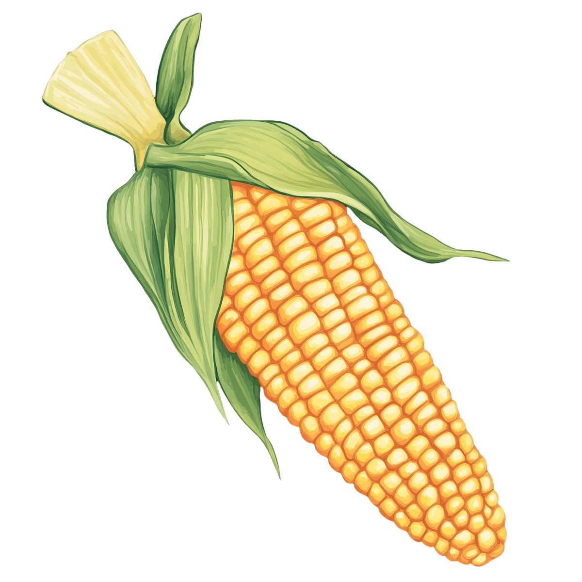 Corn on the cob with green husk in a detailed clipart style.