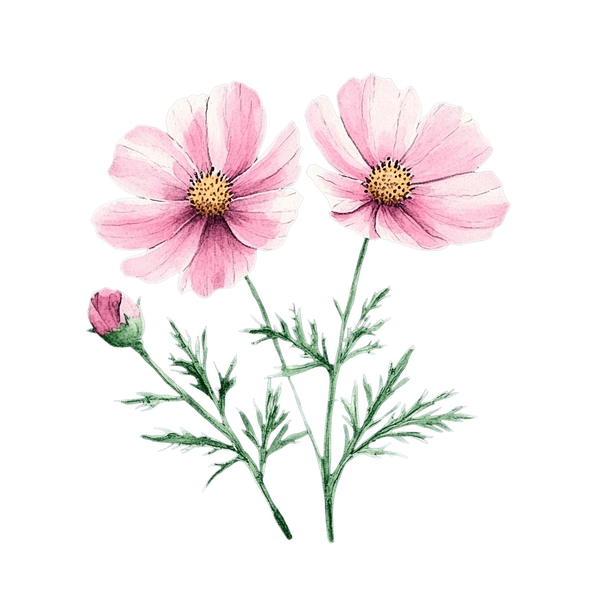 Pink cosmos flowers and green leaves against a black background.