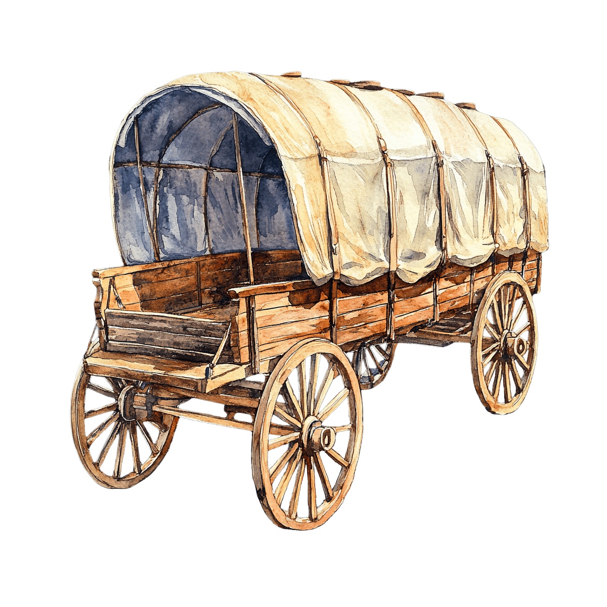 Covered wooden wagon with a canvas top and large wooden wheels.