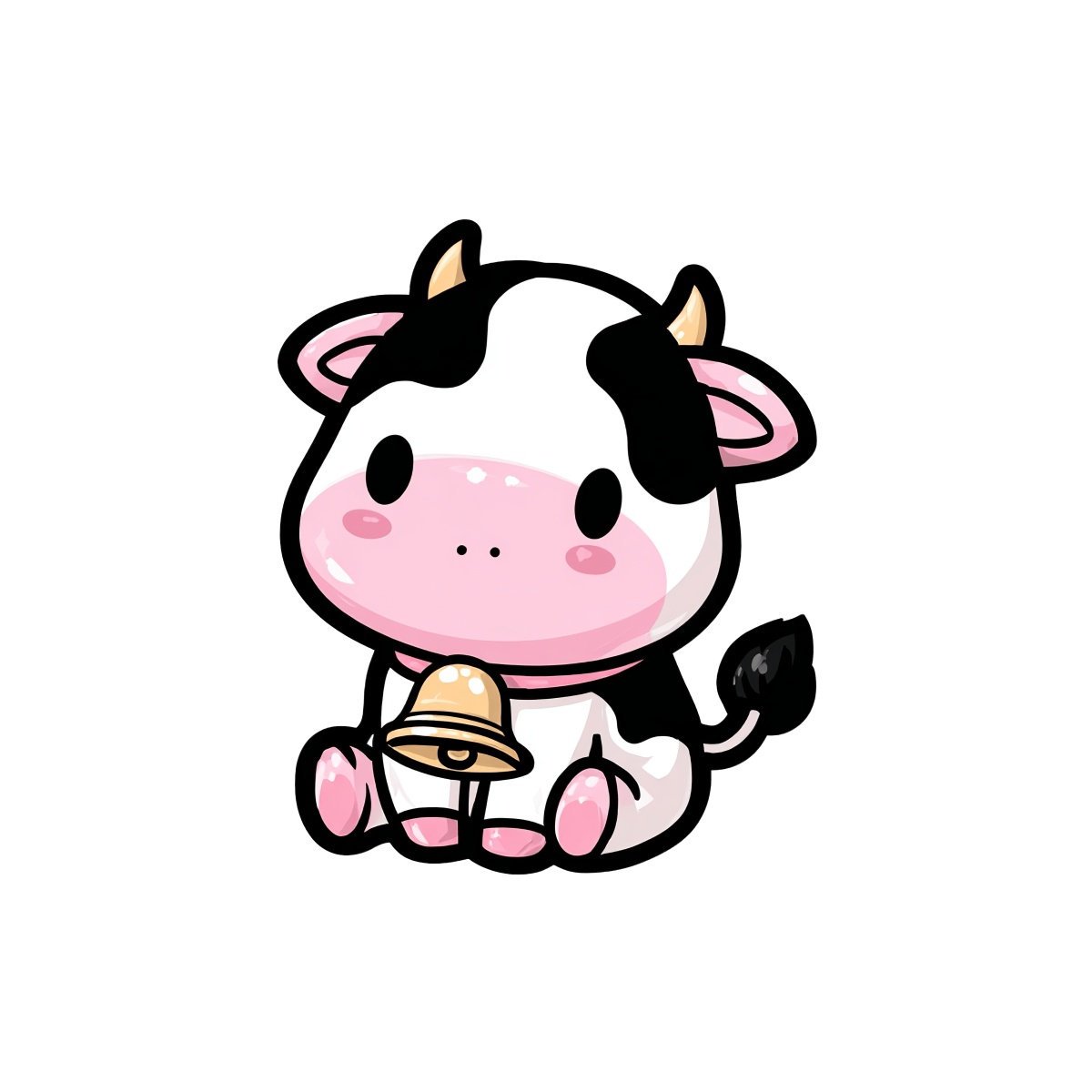 Cartoon style cow clipart in black and white with a bell.