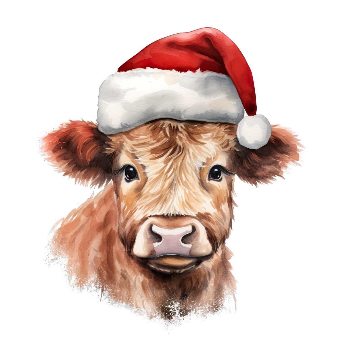 Cow wearing a Santa hat, depicted in a watercolor style for Christmas.