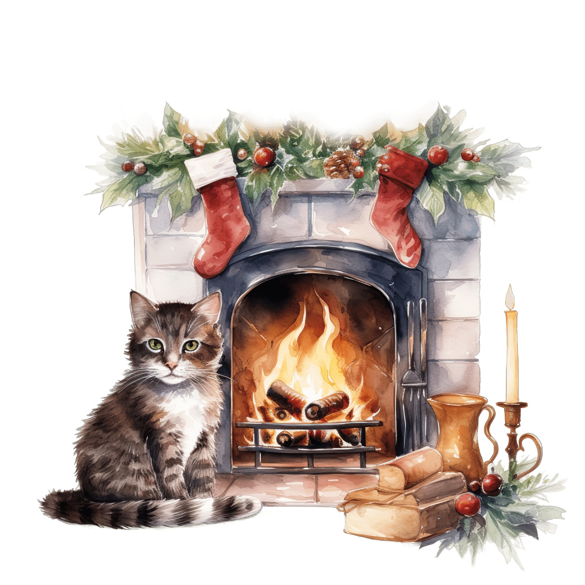 Fireplace with Christmas stockings, greenery, lit candles, and a cat sitting nearby.