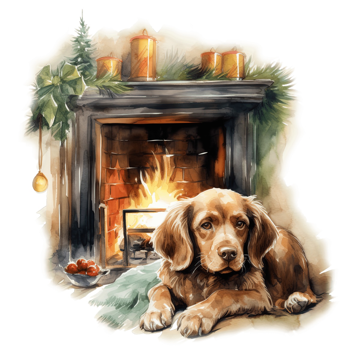 Brown dog lying near a festive fireplace with candles and greenery.