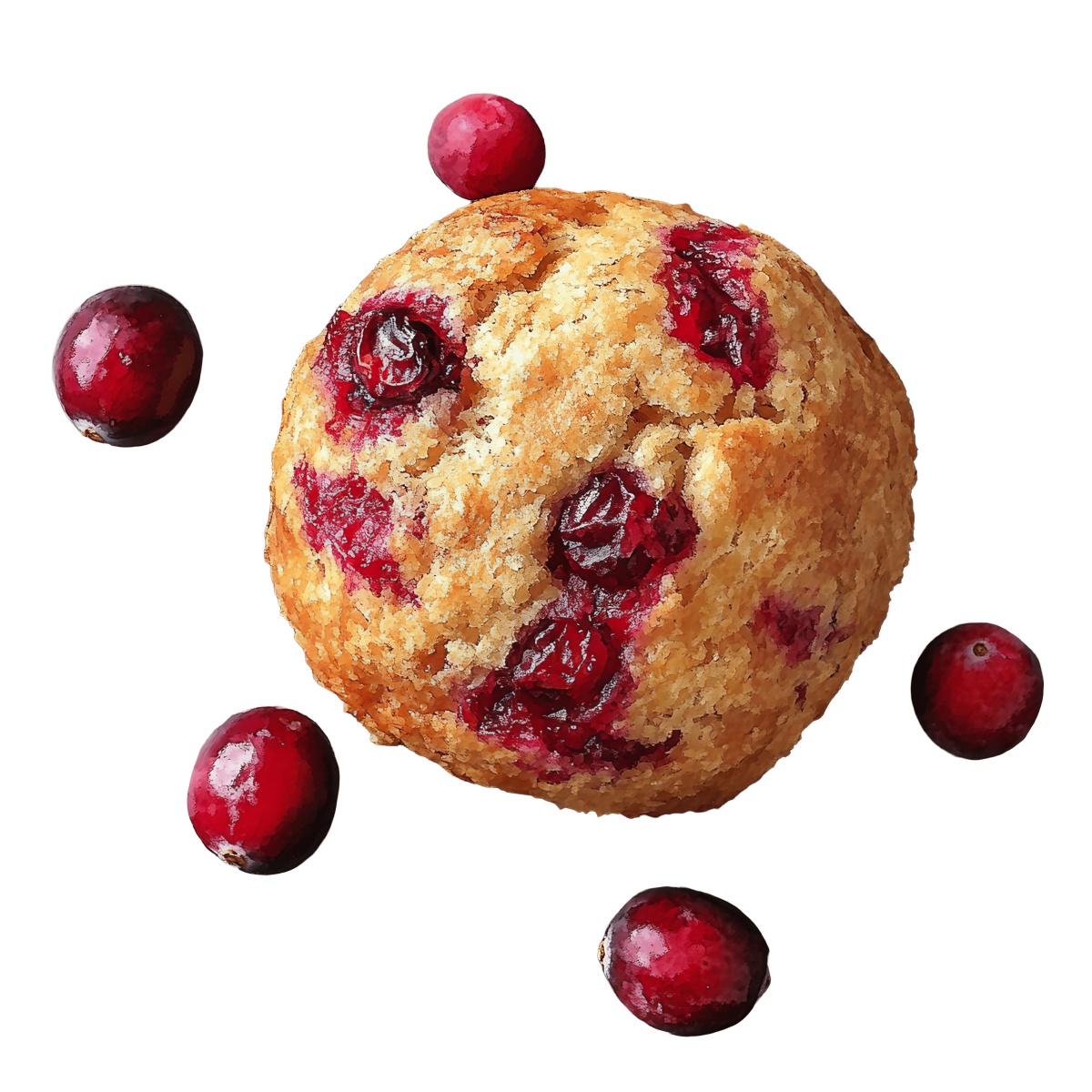 Cranberries with green leaves and a halved fruit.