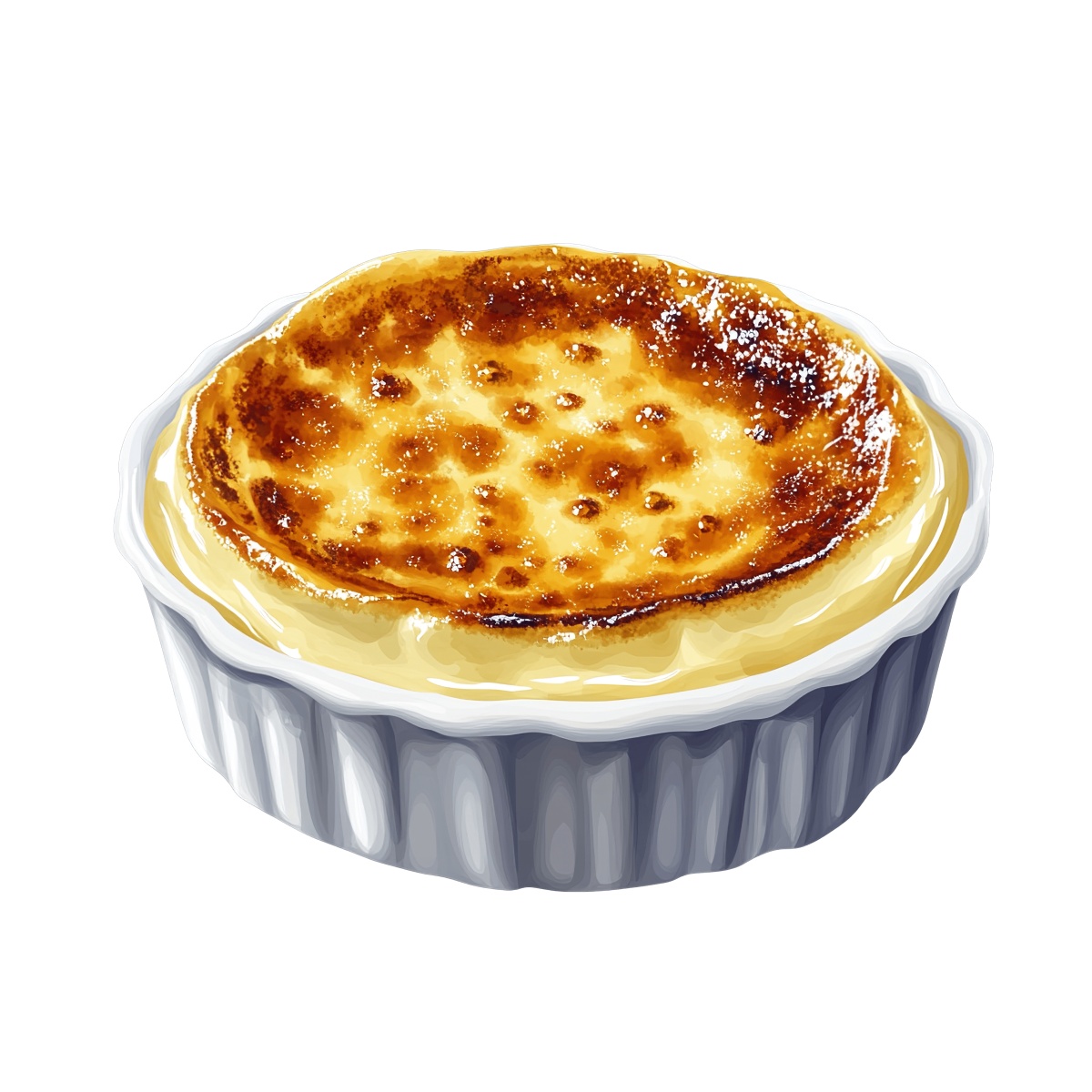 Crème brûlée with caramelized sugar in a white ramekin dish.