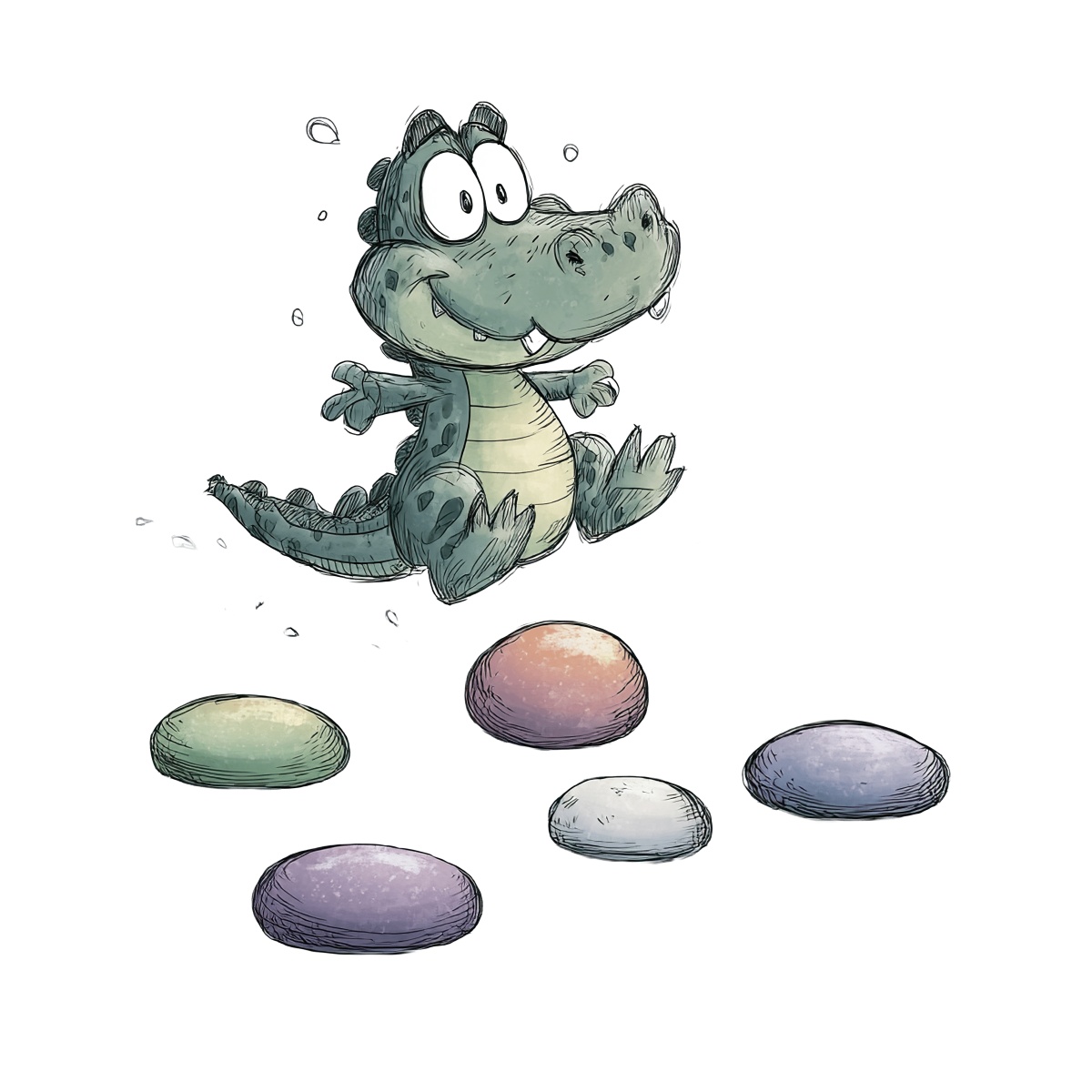 Green cartoon crocodile leaping over colorful round rocks.
