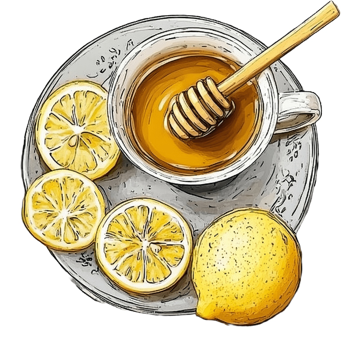 Cup of honey tea with lemon slices and a honey dipper on a plate.