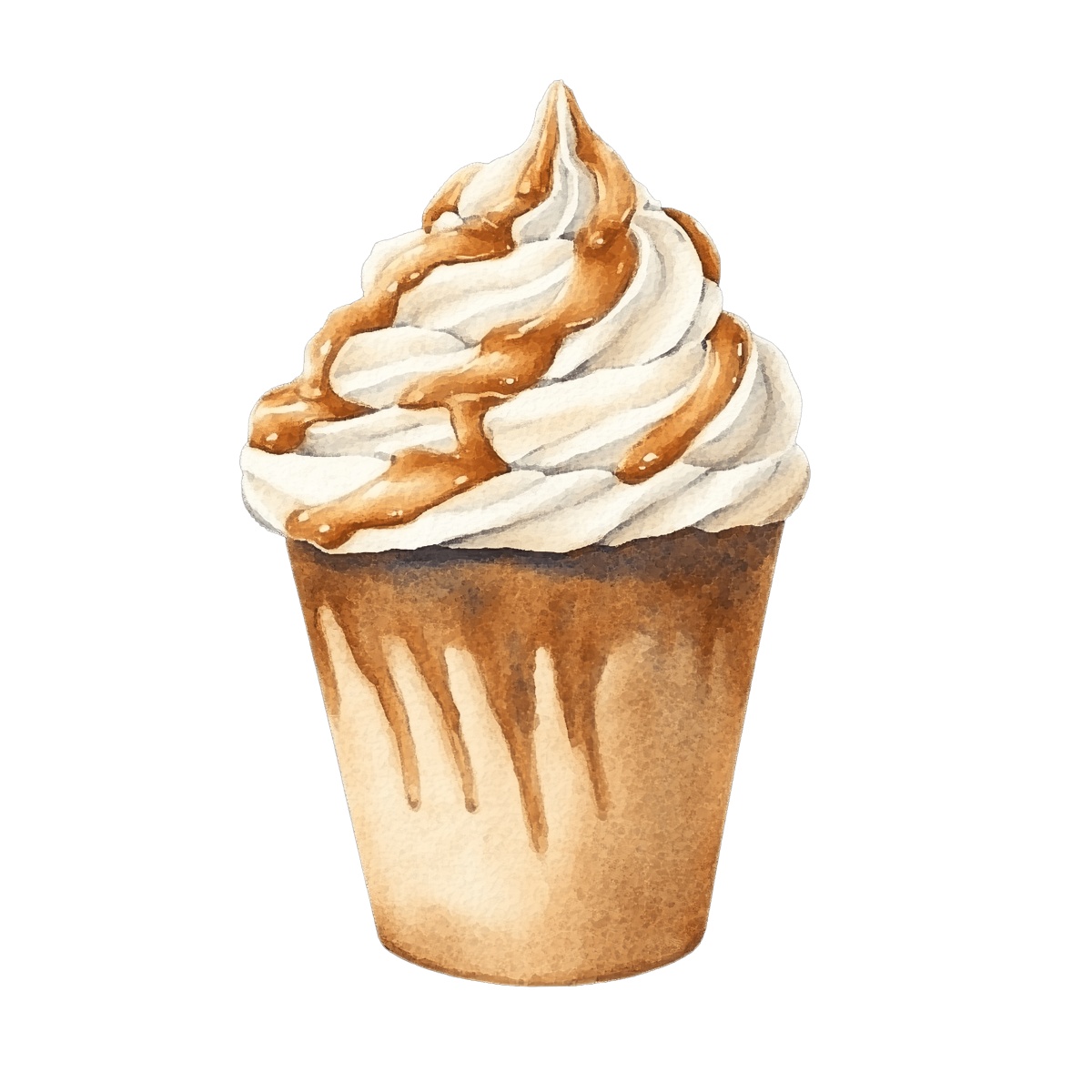 Cupcake with whipped cream and caramel drizzle on top.