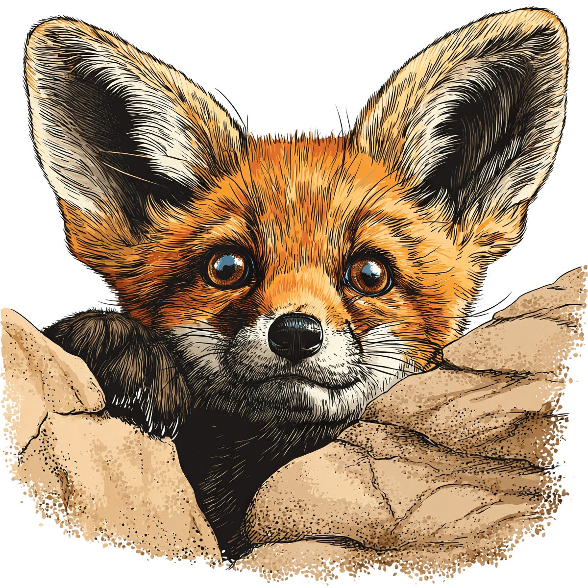 Cartoon fox peeking over rocks