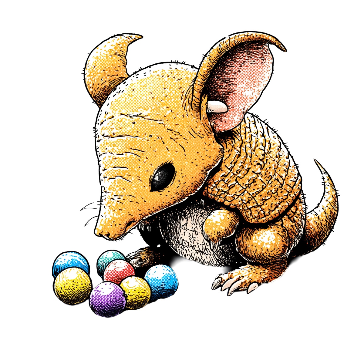 Cartoon armadillo with colorful marbles on a black background.