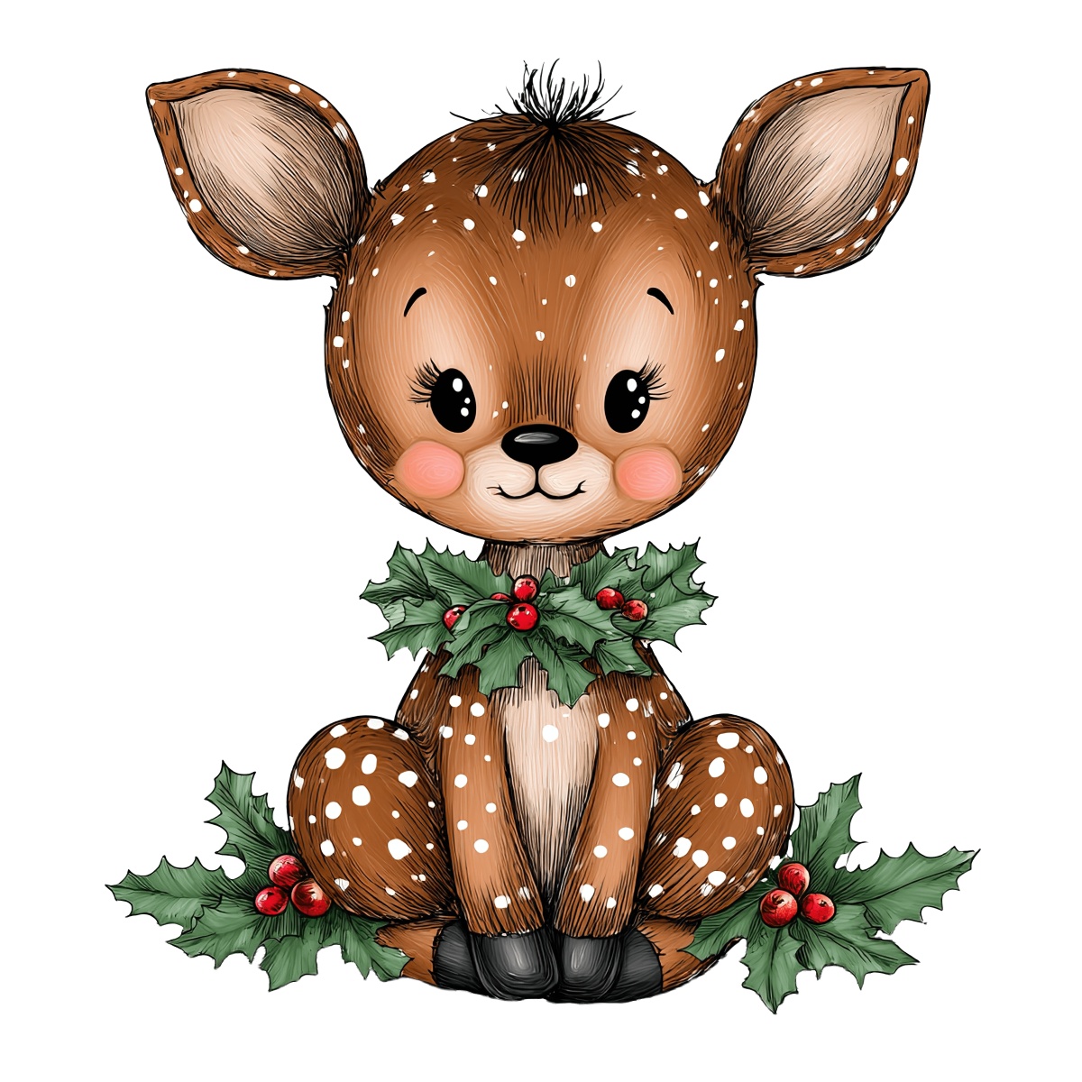 Cartoon baby deer with holly wreath, brown with white spots.