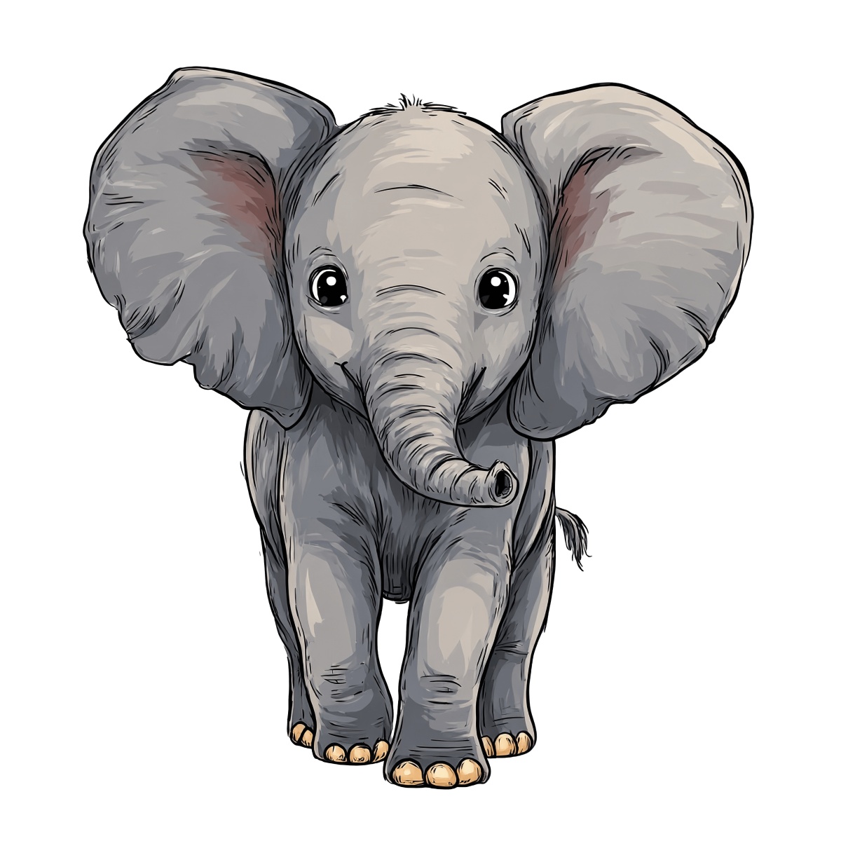 Illustration of a cute baby elephant with large ears and playful expression.