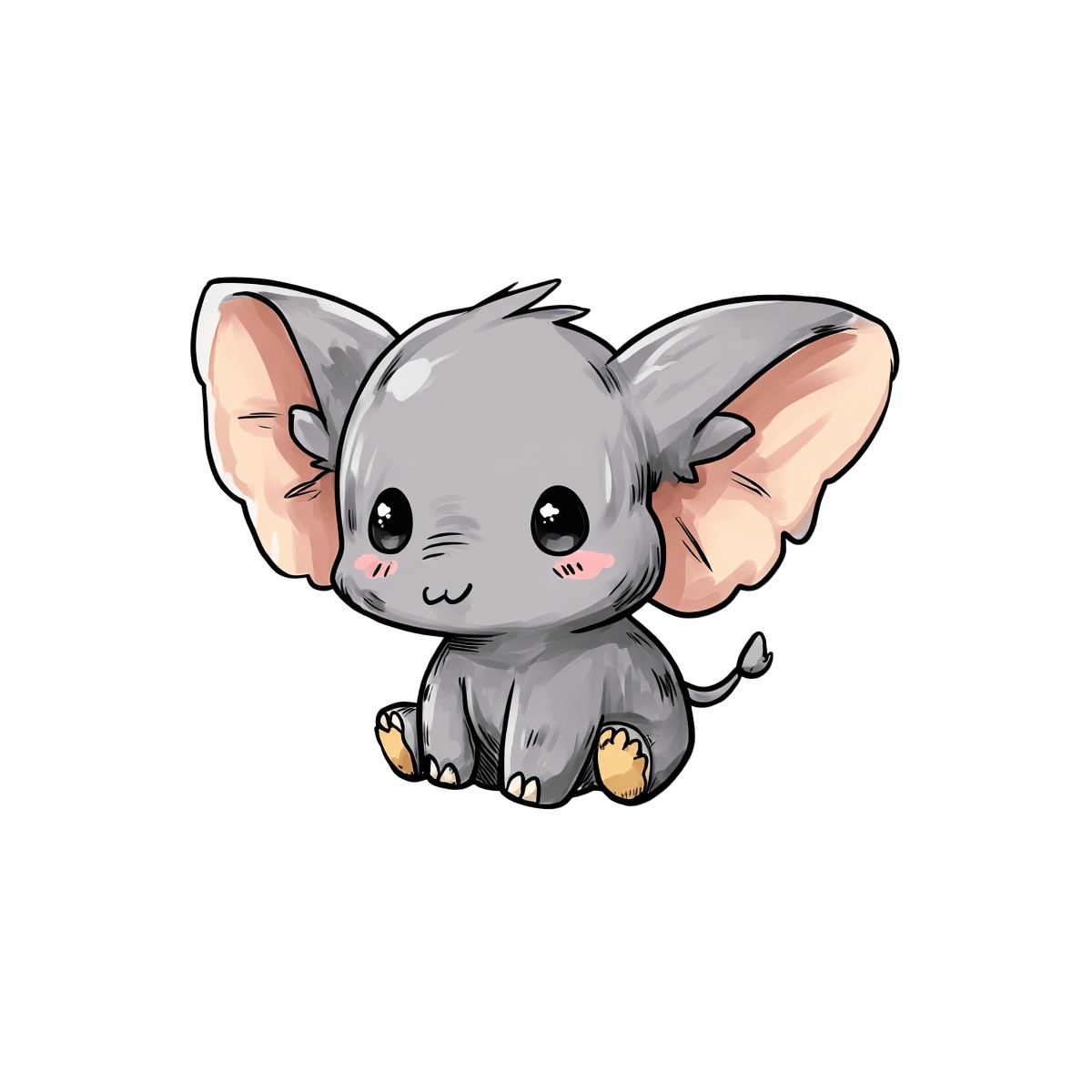 Cute baby elephant with big ears and gray fur on black background.