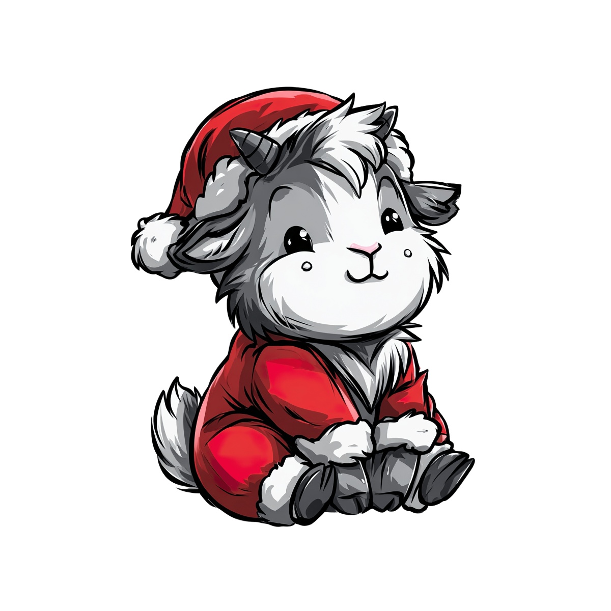 Cute baby goat in a red Santa outfit on a black background.