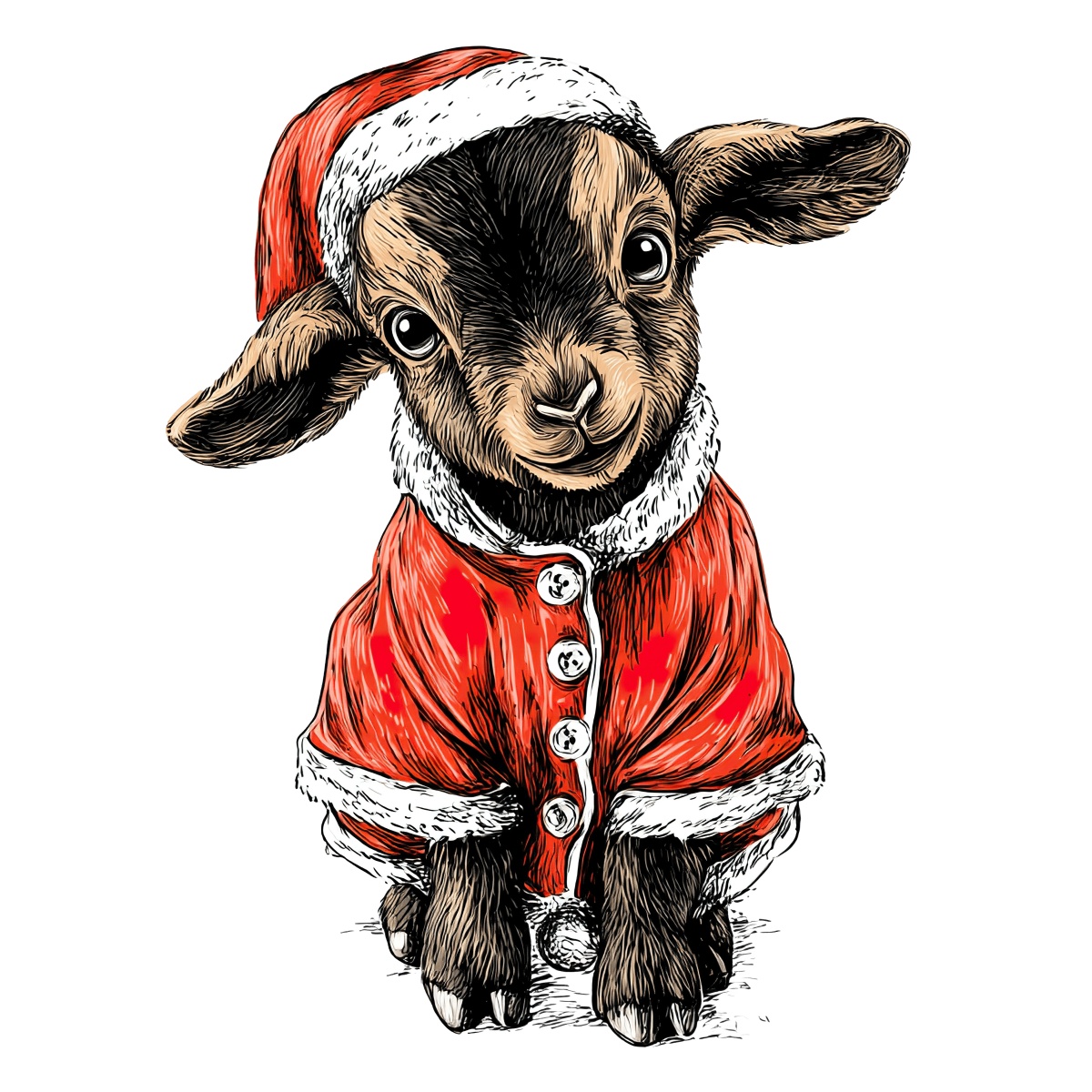 Illustration of a baby goat wearing a red Santa suit on black background.