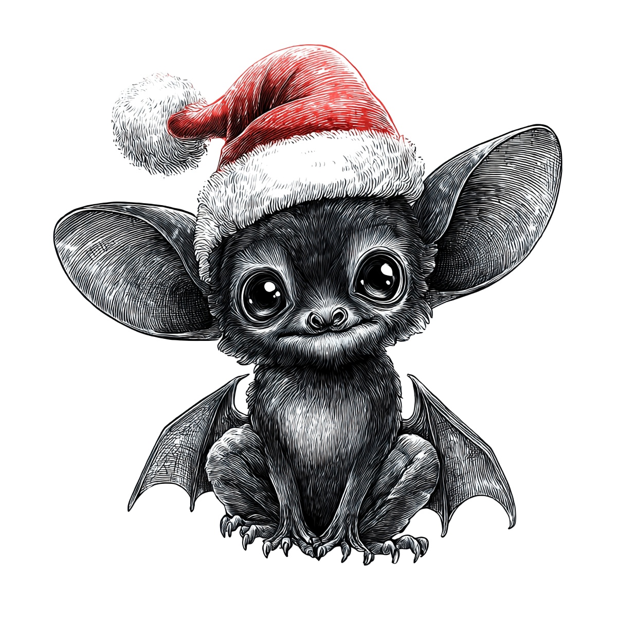 Illustration of a cute bat with Santa hat on a black background.