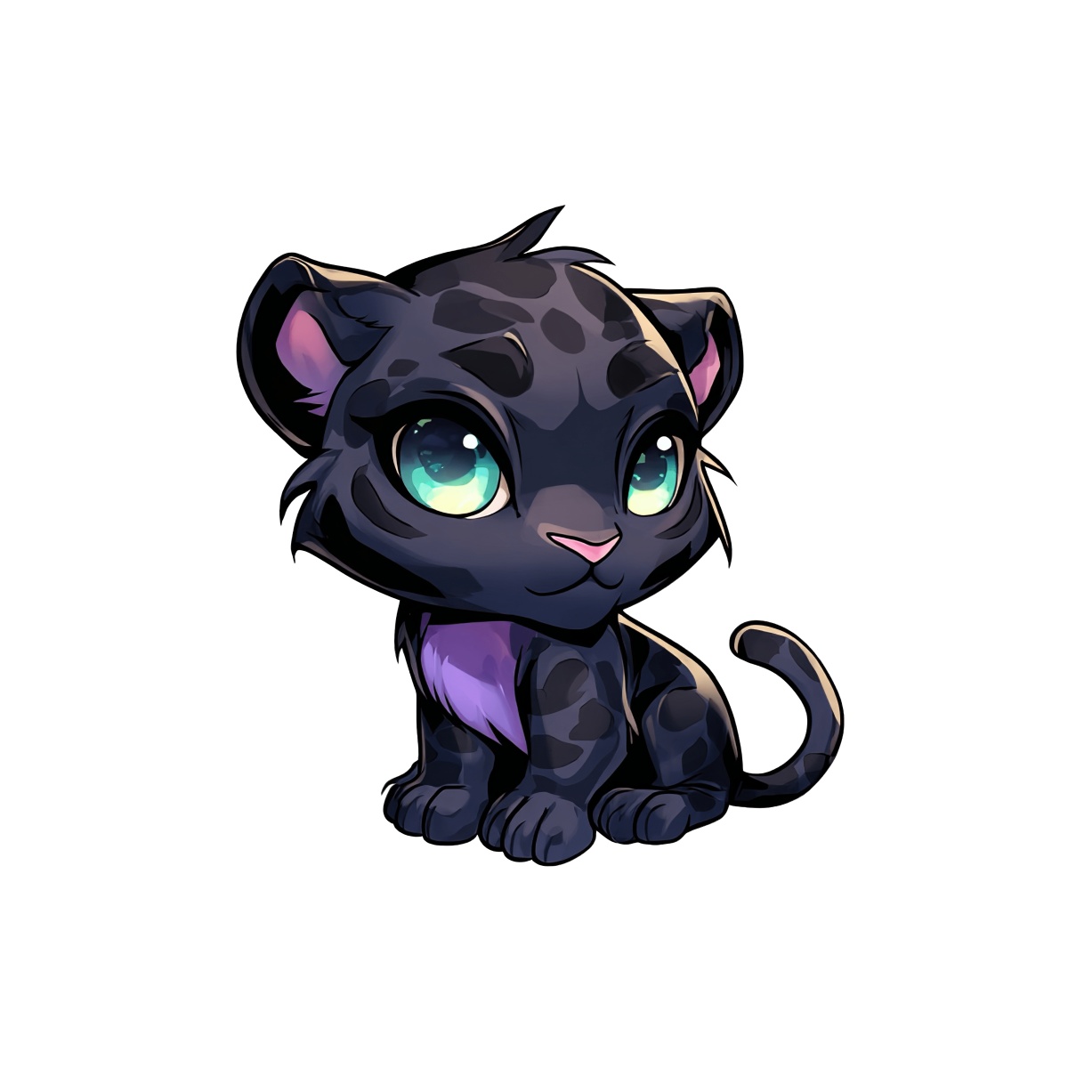 Cartoon black panther cub with big green eyes and purple highlights.