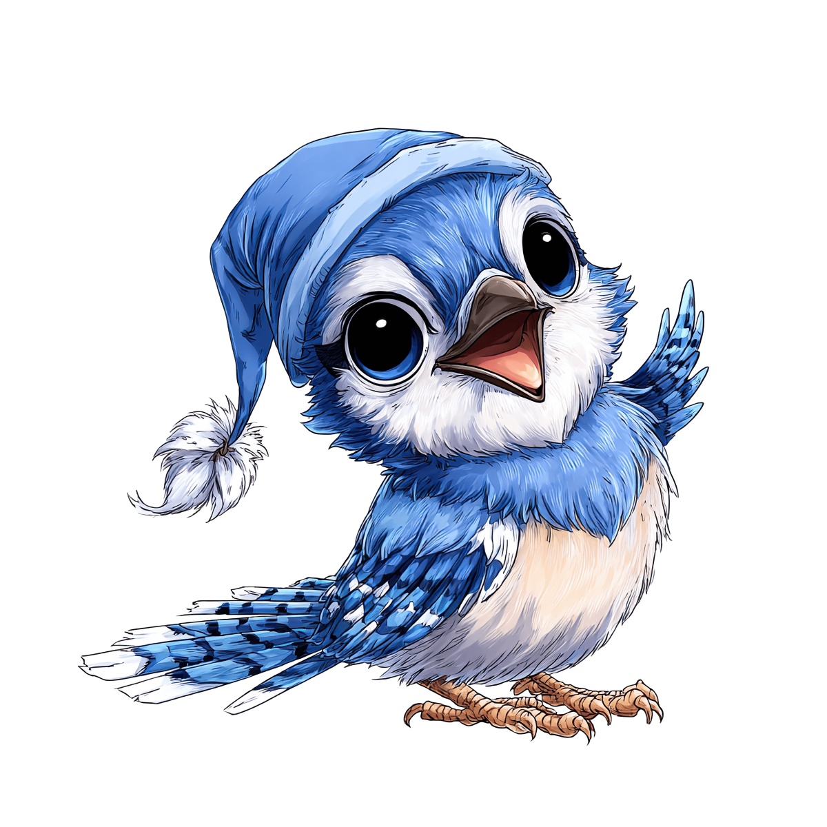 Charming blue bird with big eyes wearing a winter hat.