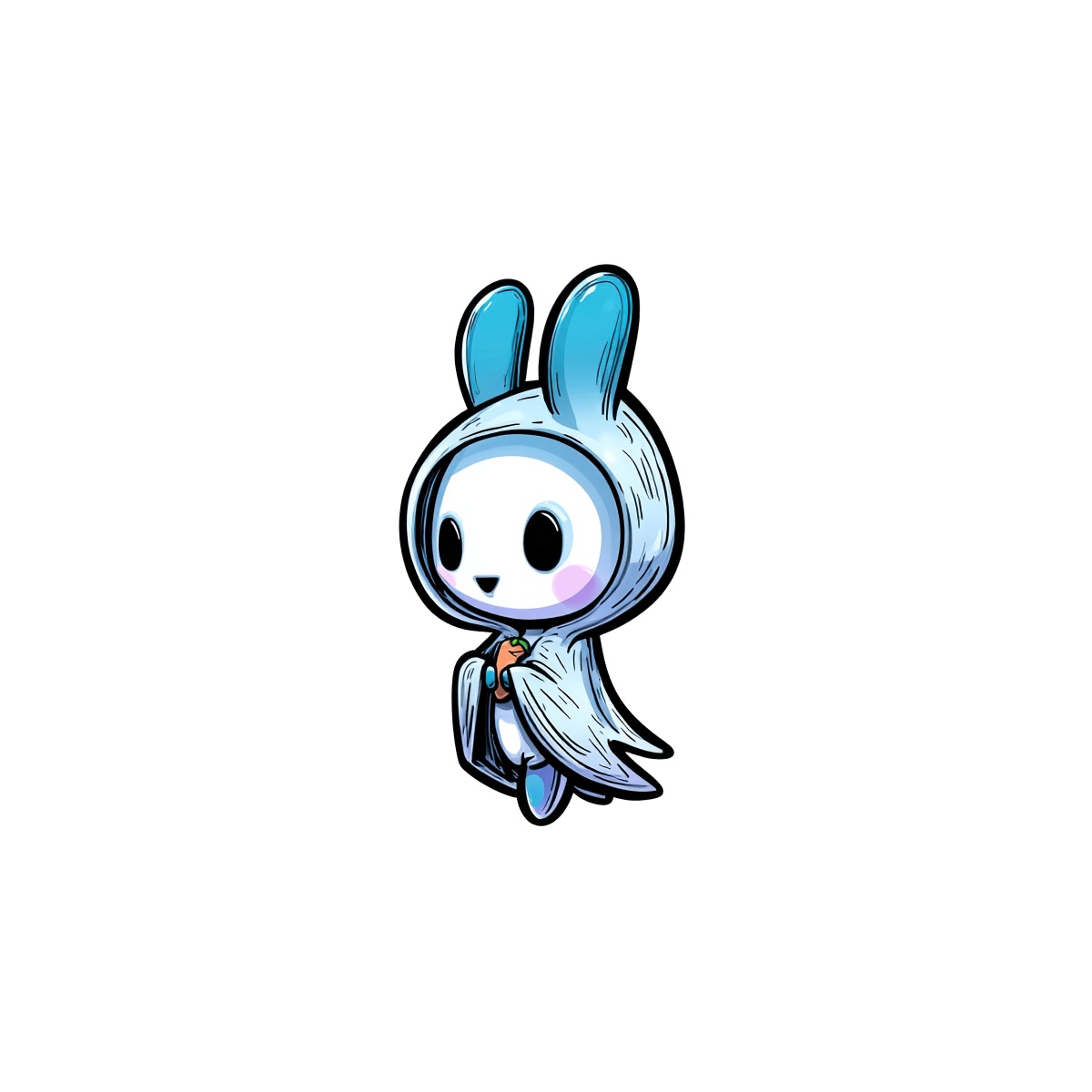 A cute bunny in a blue hooded cloak with a playful expression.