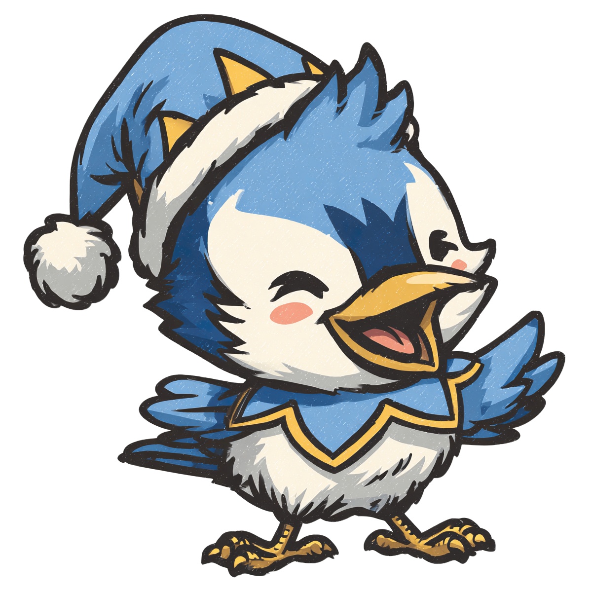 Cute blue cartoon bird with Santa hat, looking joyful and festive.