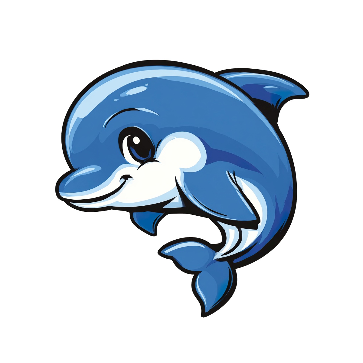Cartoon dolphin clipart with a cute smile, vibrant blue color.