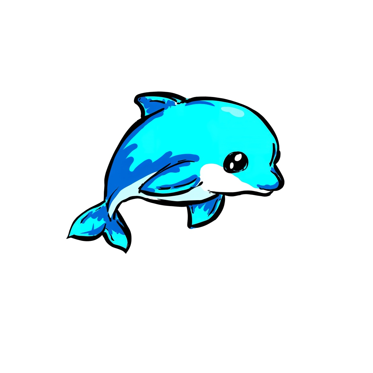 Cartoon style blue dolphin with large eyes and friendly smile.