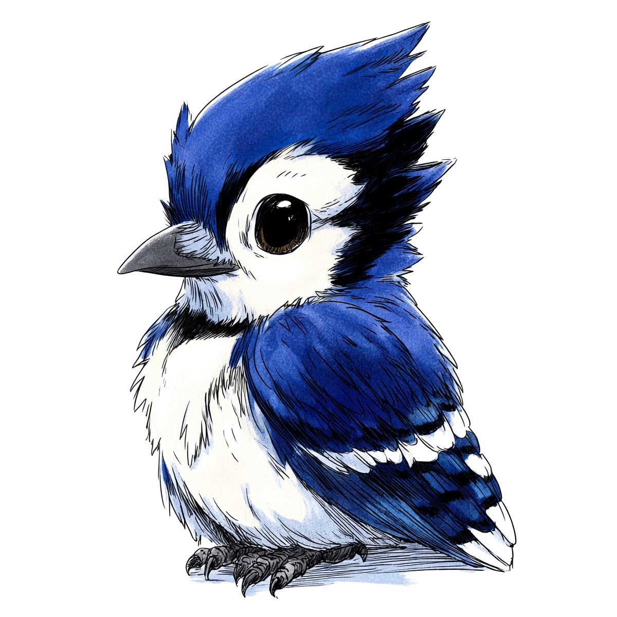Illustration of a cute blue jay in watercolor style with big eyes.