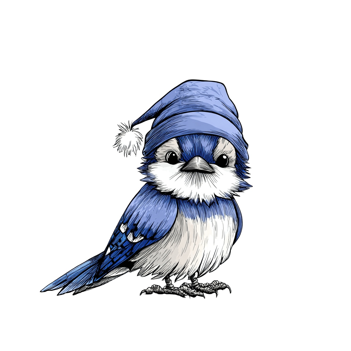 Illustration of a blue jay with a winter hat on a black background.