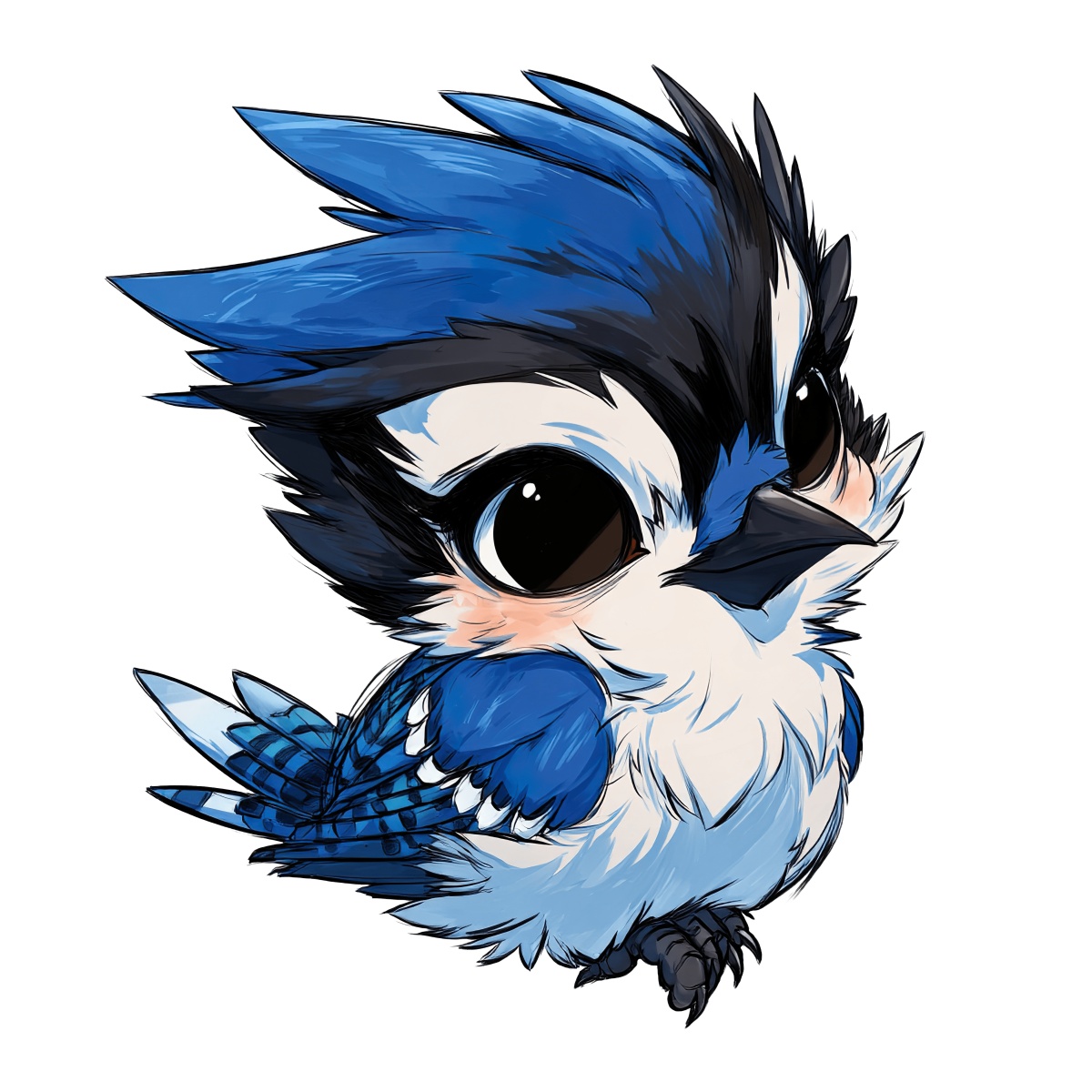 Cartoon blue jay with large eyes and fluffy blue feathers.