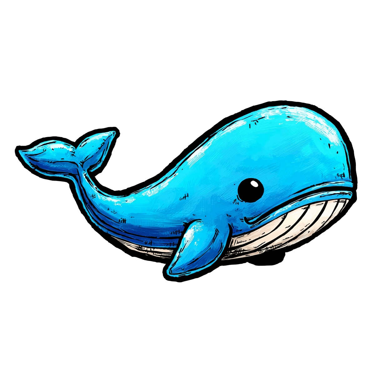 Cartoon blue whale with a friendly smile and black outline.