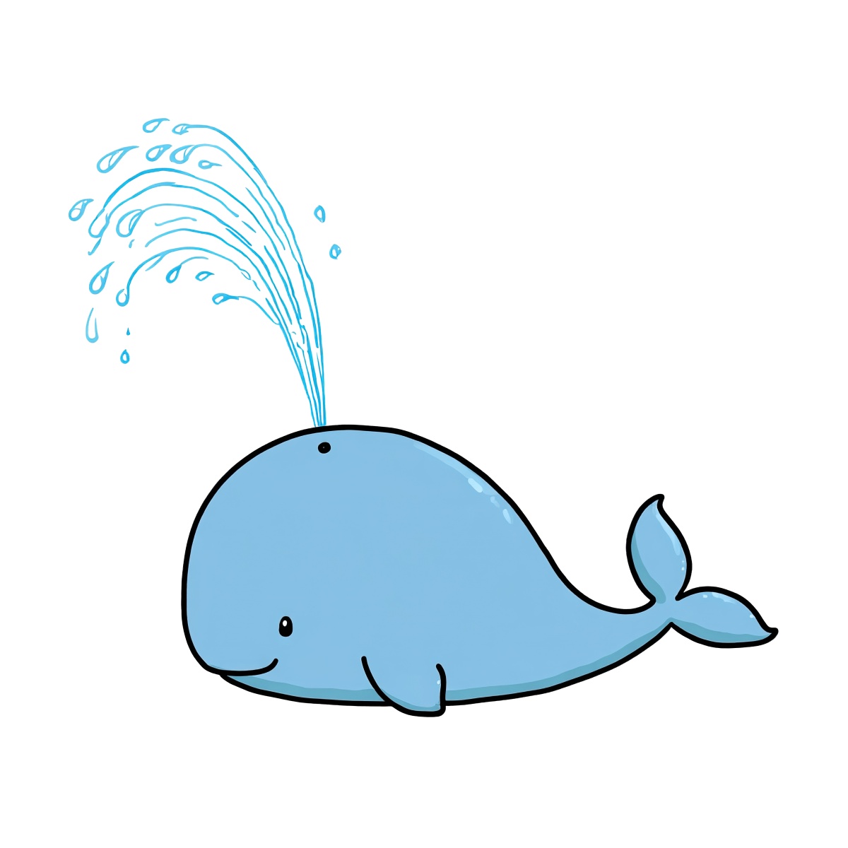 Cartoon blue whale with water spout, smiling playfully.