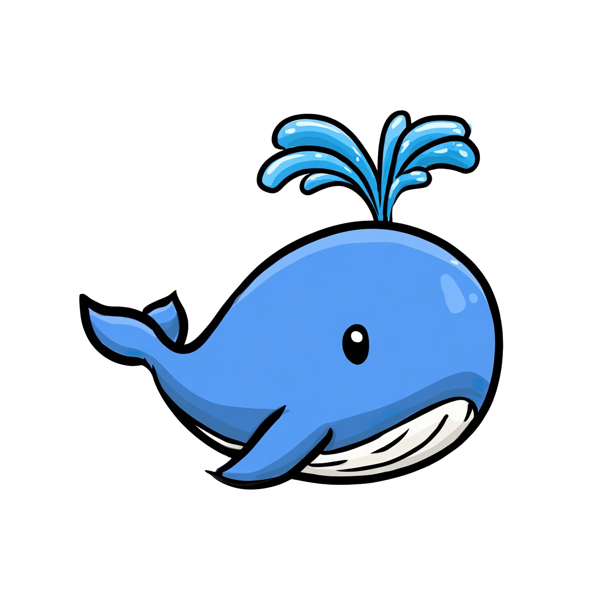 Cute blue whale with water spout, cartoon style, smiling face.
