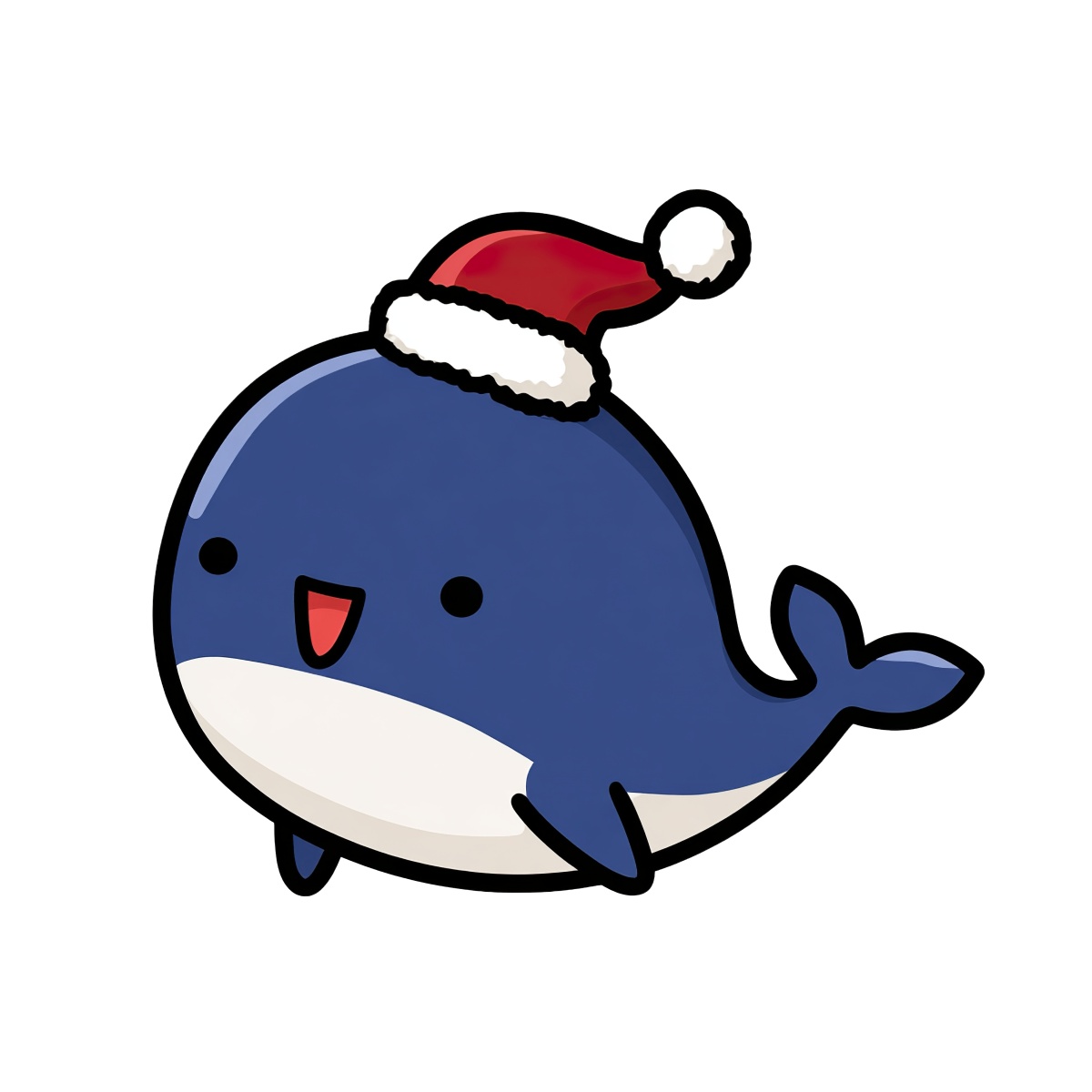 Cartoon blue whale with Santa hat, smiling cheerfully.