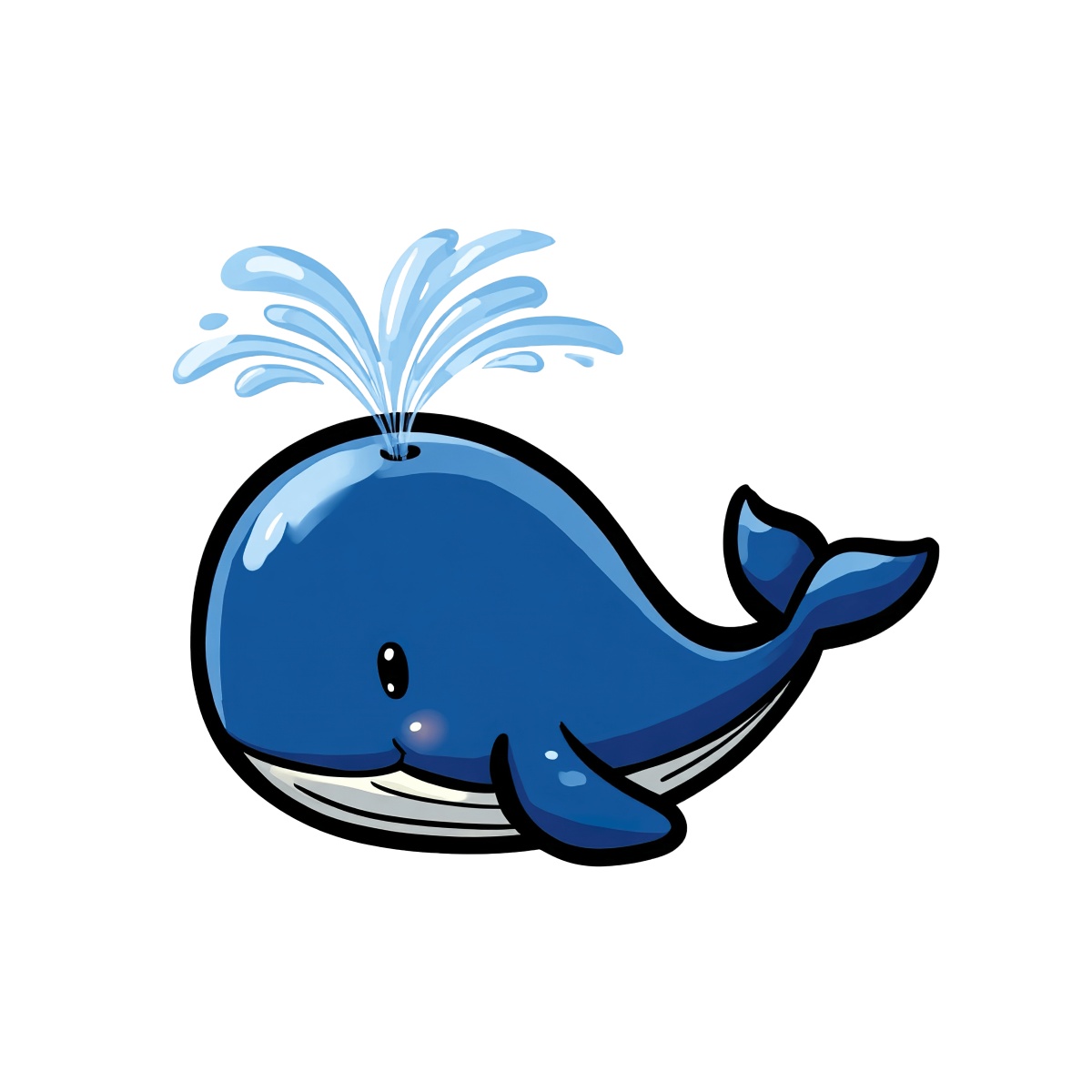 Cartoon blue whale with a water spout, displaying a happy expression.