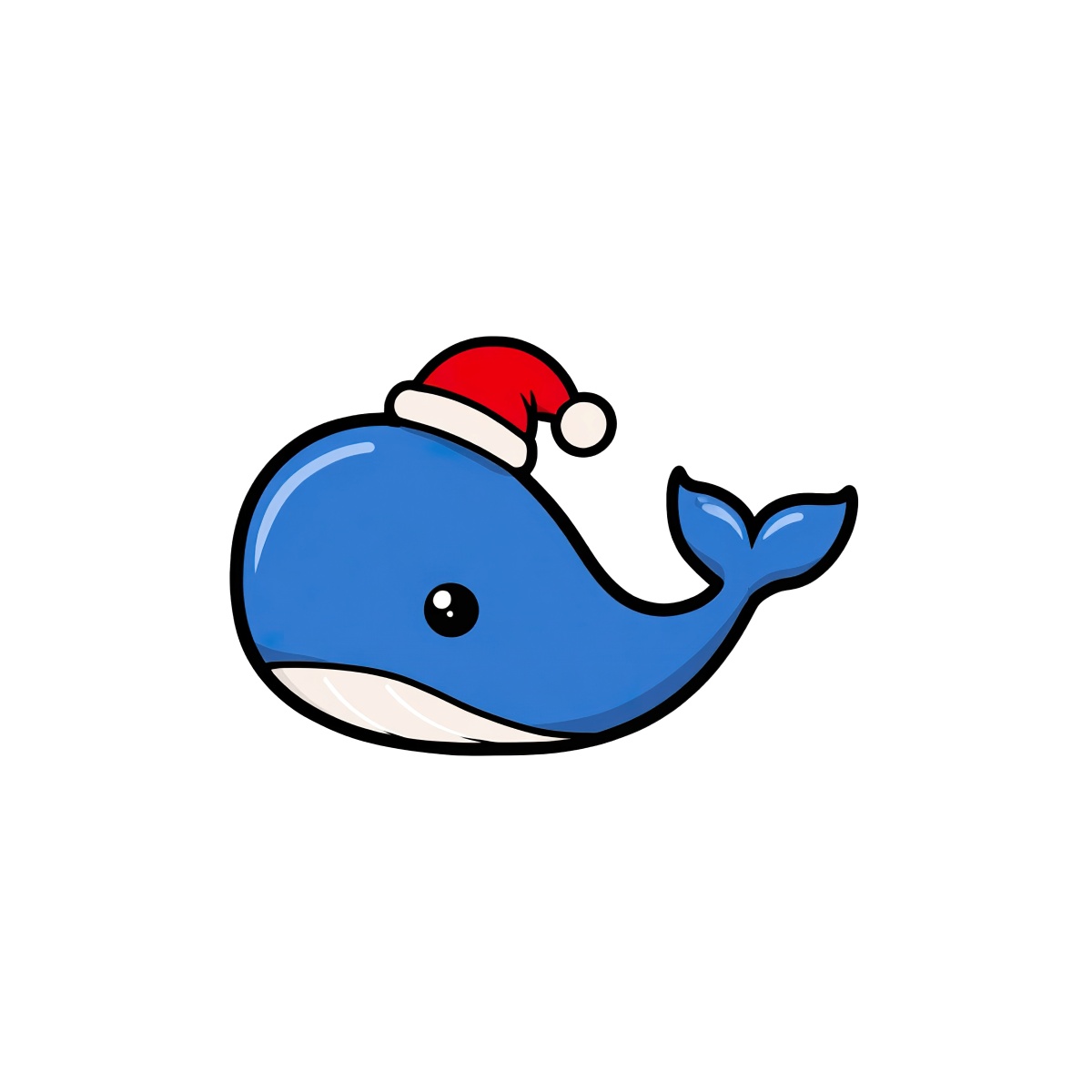 Cartoon blue whale wearing a Santa hat, smiling happily.