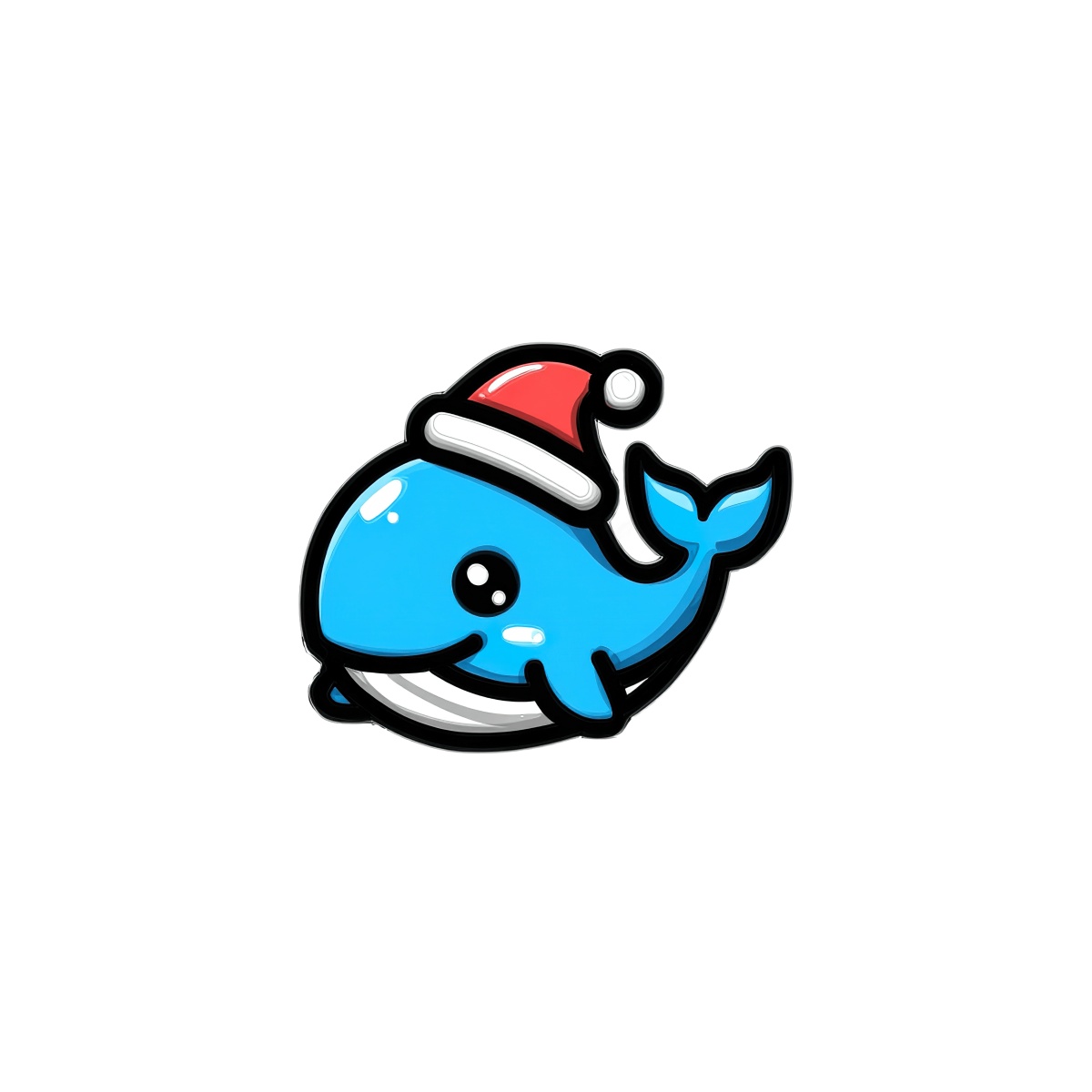 Cartoon blue whale in a Santa hat with a glossy, cheerful look.