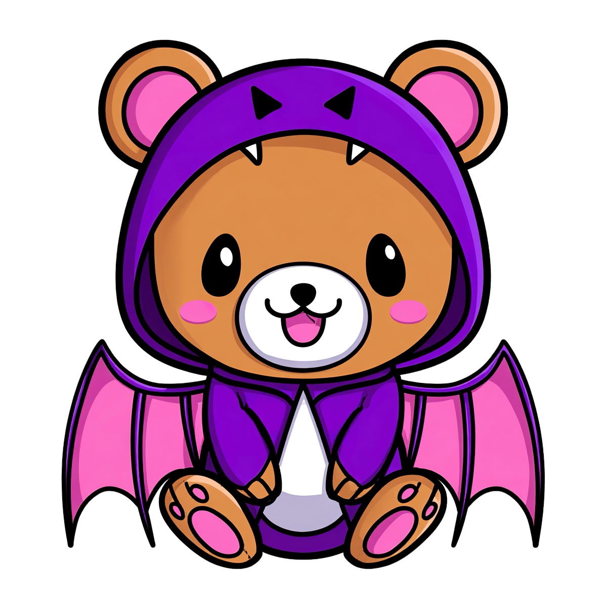 Brown bear in a purple bat hoodie with wings, smiling cutely.