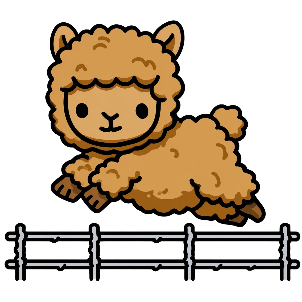 Cartoon alpaca with fluffy fur jumps over a simple black fence.
