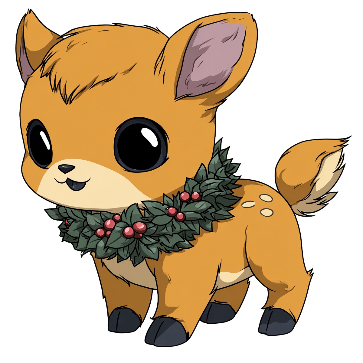 A cute brown fawn with a wreath of green leaves and red berries.