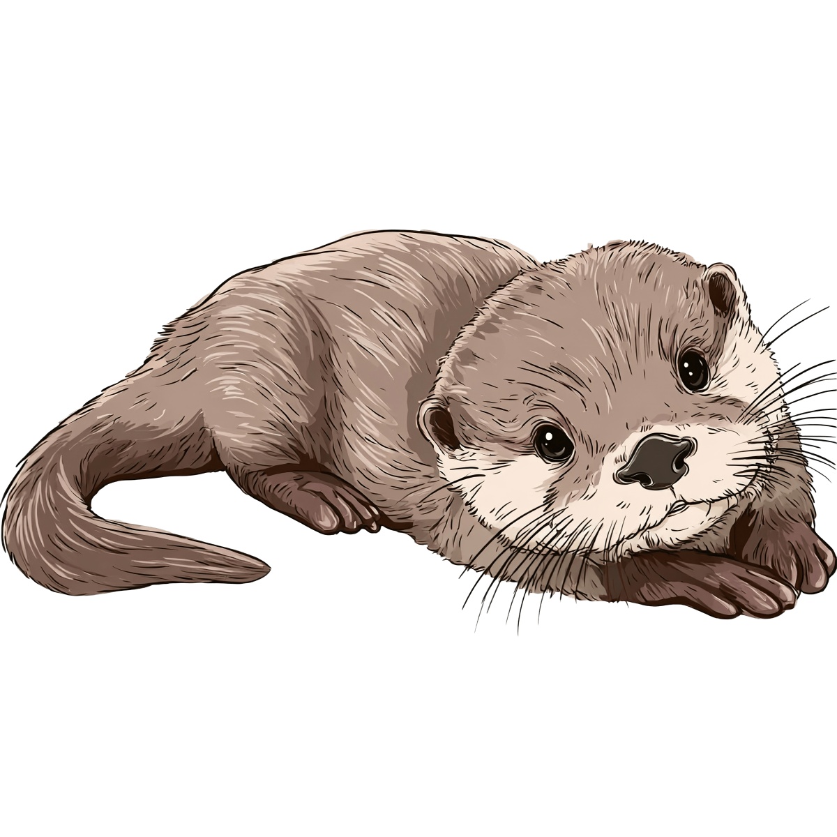 Illustration of a cute brown otter lying down with big eyes.