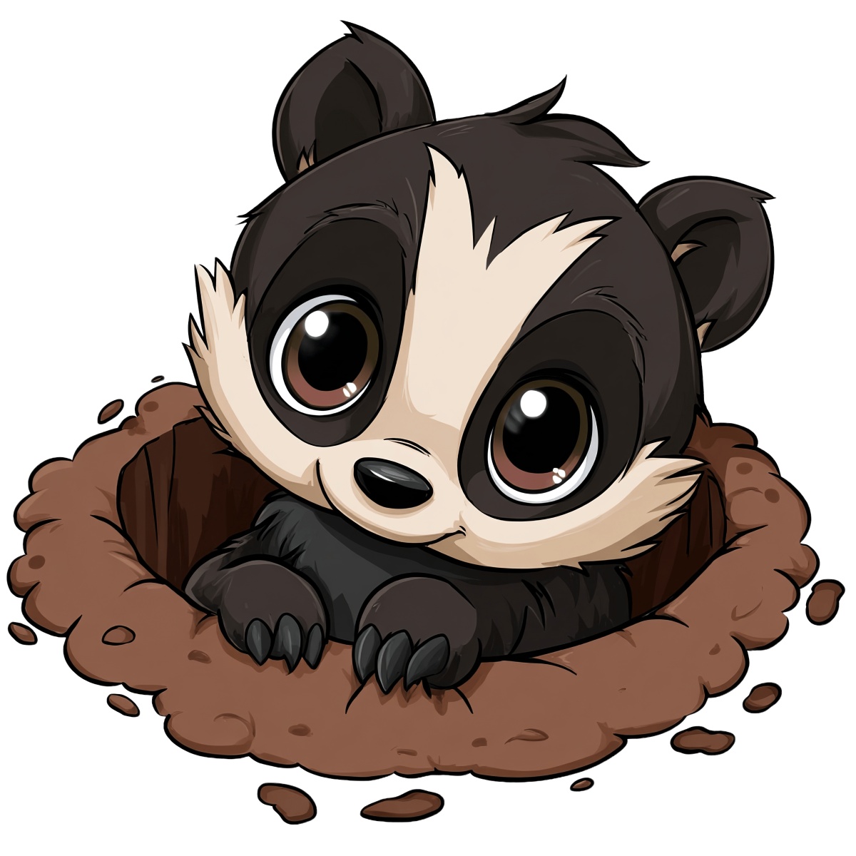Cute cartoon badger peeking out of a burrow with big eyes.