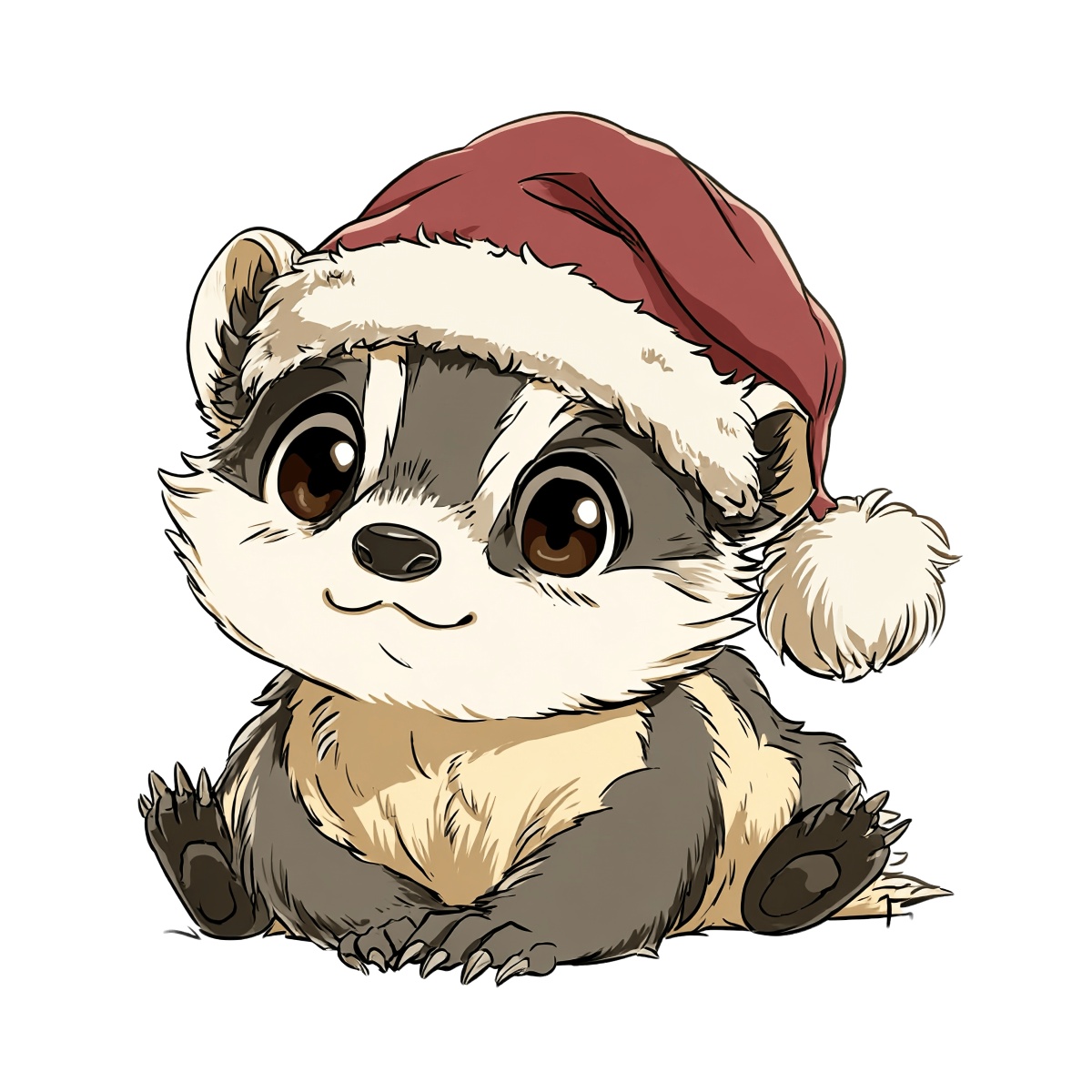 Cartoon badger wearing a red Santa hat on a black background.