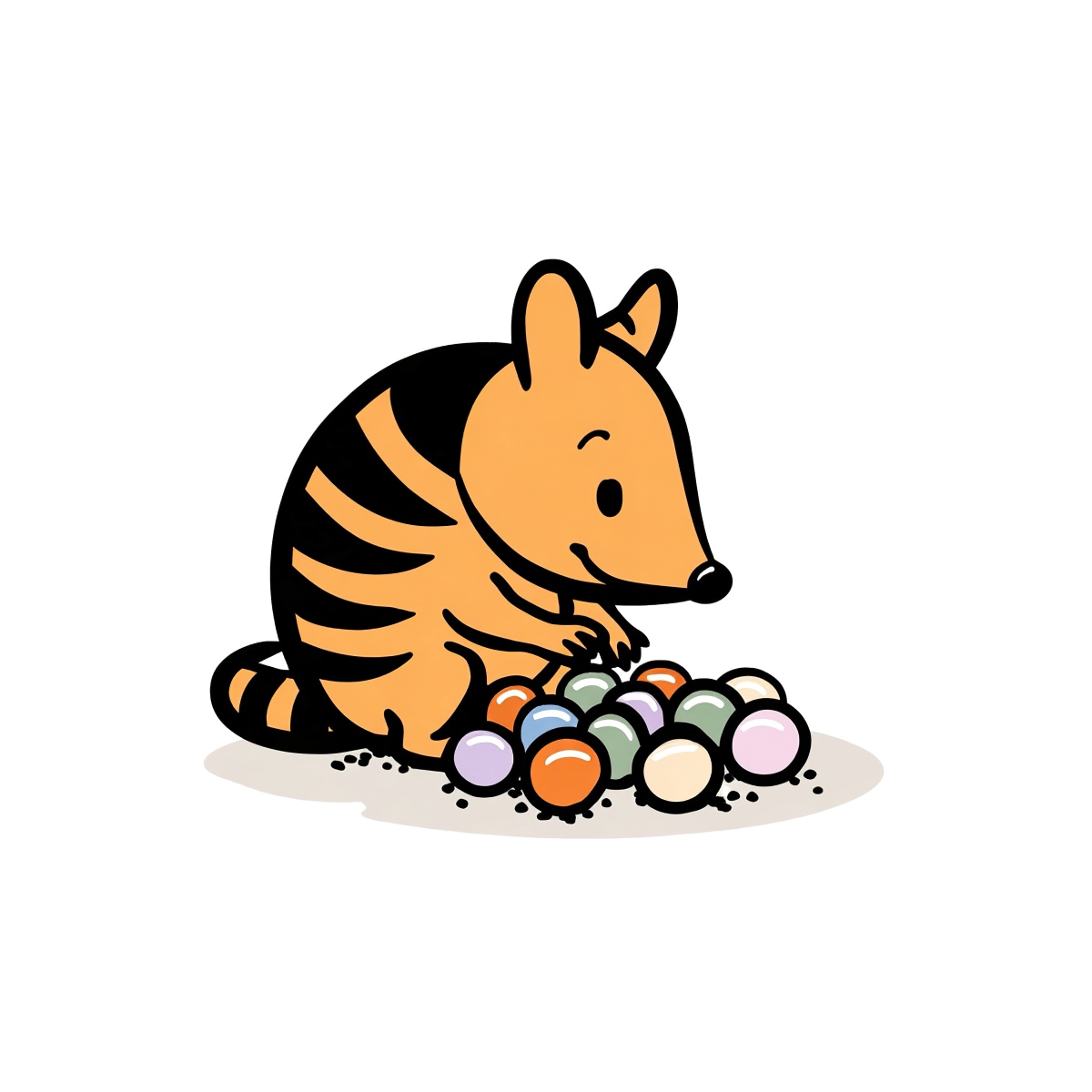 Cartoon bandicoot playing with colorful marbles on the ground.