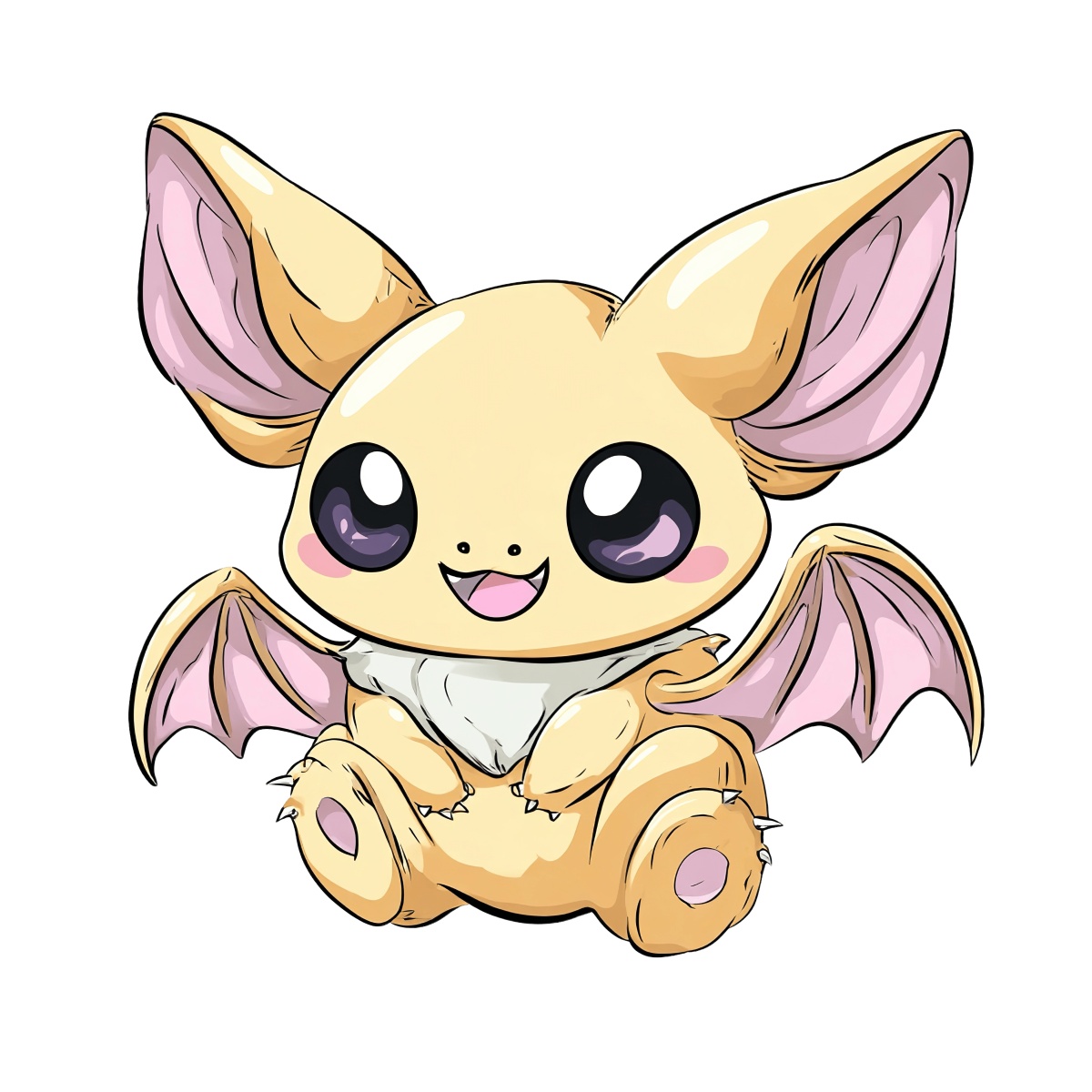 Cute cartoon bat with large eyes and pink wings, smiling happily.