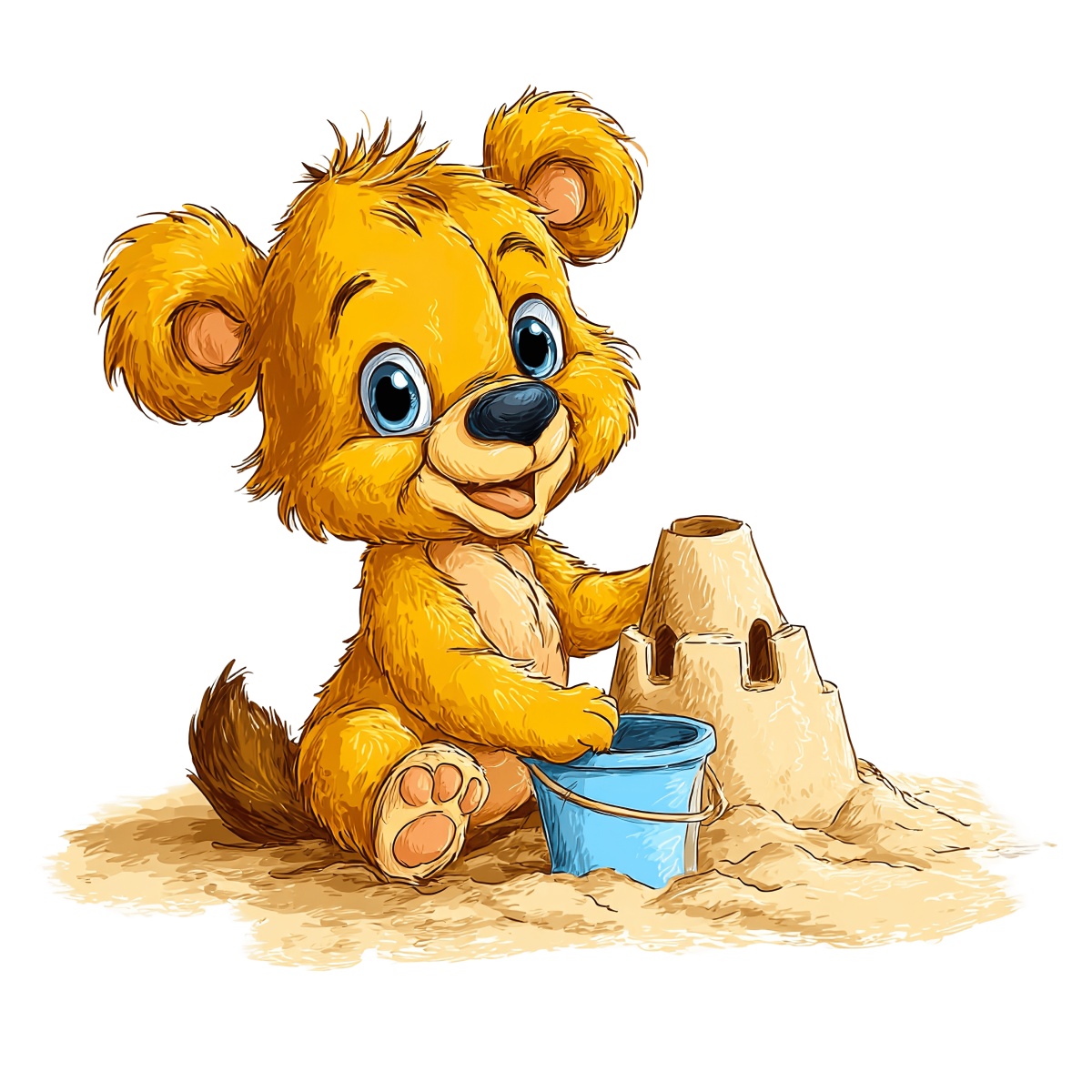 Cartoon bear with blue bucket building a sandcastle on the beach.