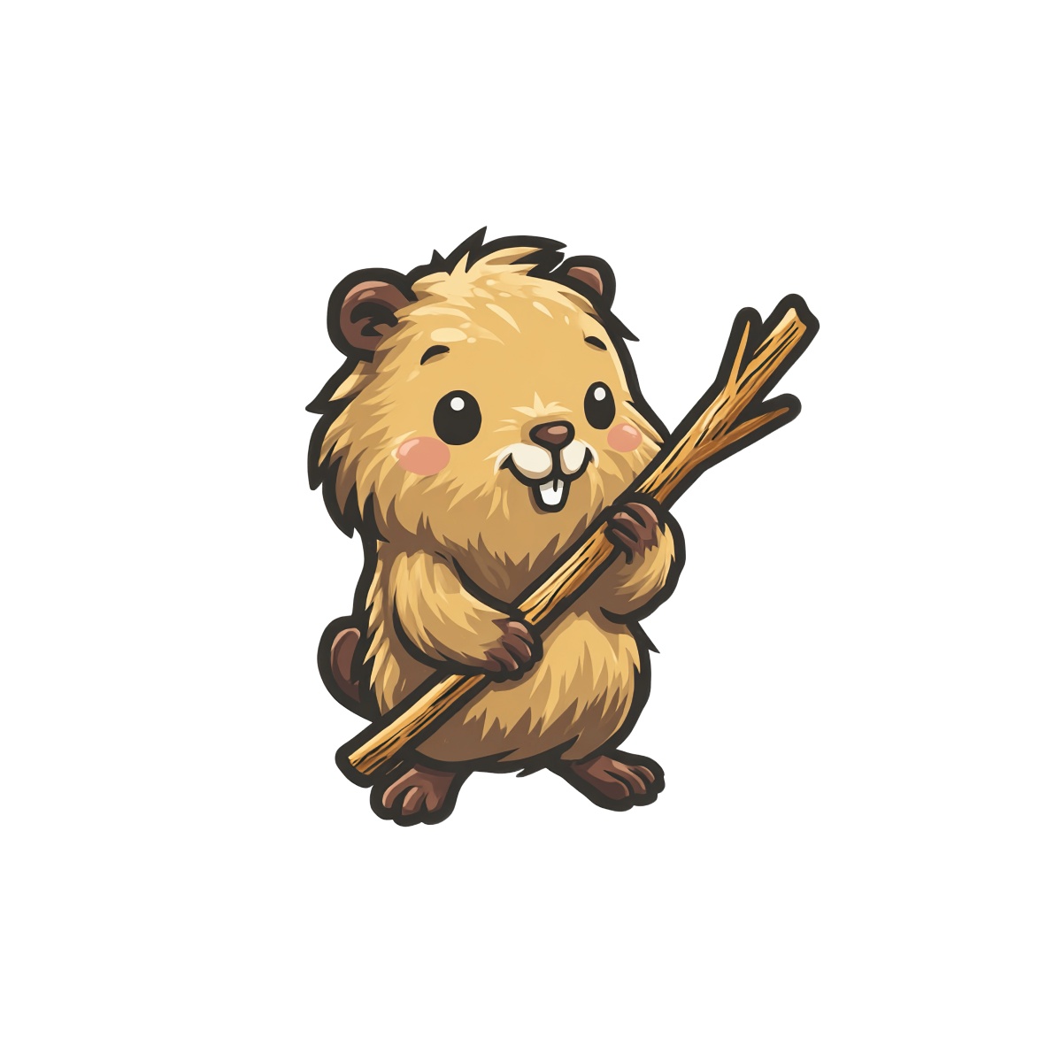 Cute cartoon beaver holding a stick with a happy expression.